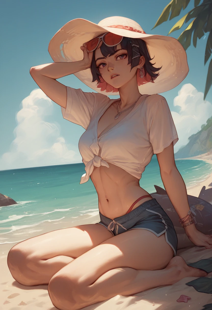 Anime girl on the beach with a surfboard and a hat, Gwaites style artwork, Smooth anime CG art, Makoto Shinkai's art style, digital anime art, Ilya Kuvshinov landscape, Ilya Kuvshinov. 4K, short full body portrait!, realistic anime art style, standing on the beach, on the beach