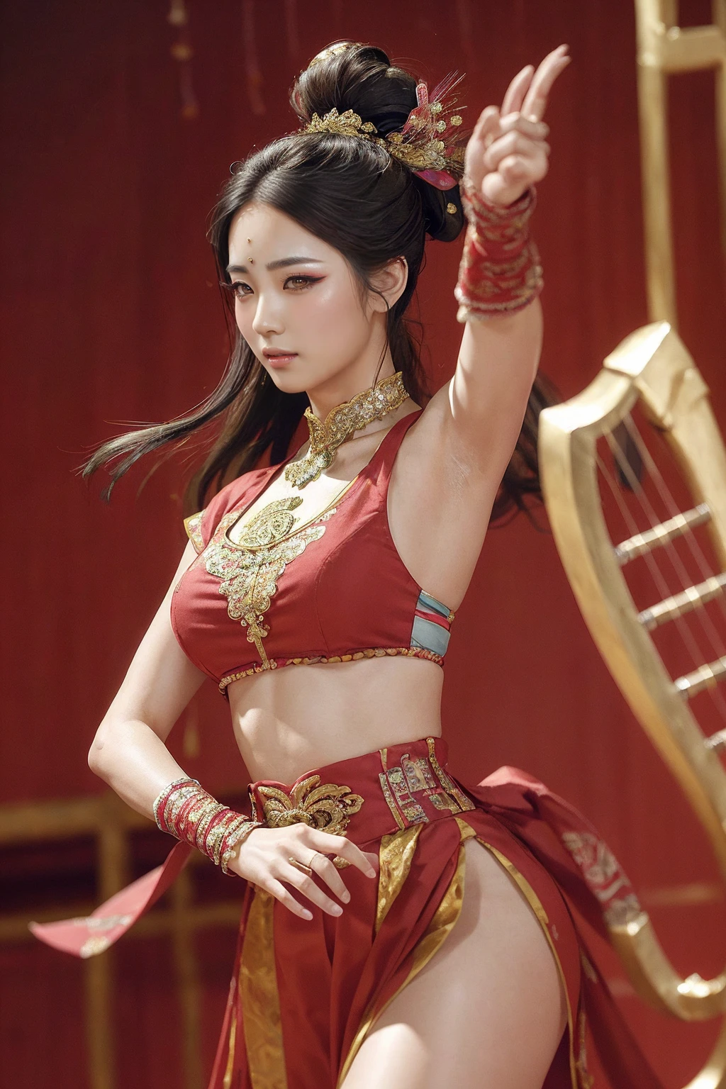 1girl, Dunhuang Flying Apsaras costume, messy long hair, Ji Jian, Dunhuang style, a lot of smoke, superb, elegant colors, (realistic, high detail, masterpiece, super detailed, dynamic angle, mural background, ink wash, amazing, movie lighting, illustration, chiaroscuro, backlighting, god rays, holland, best quality, best quality