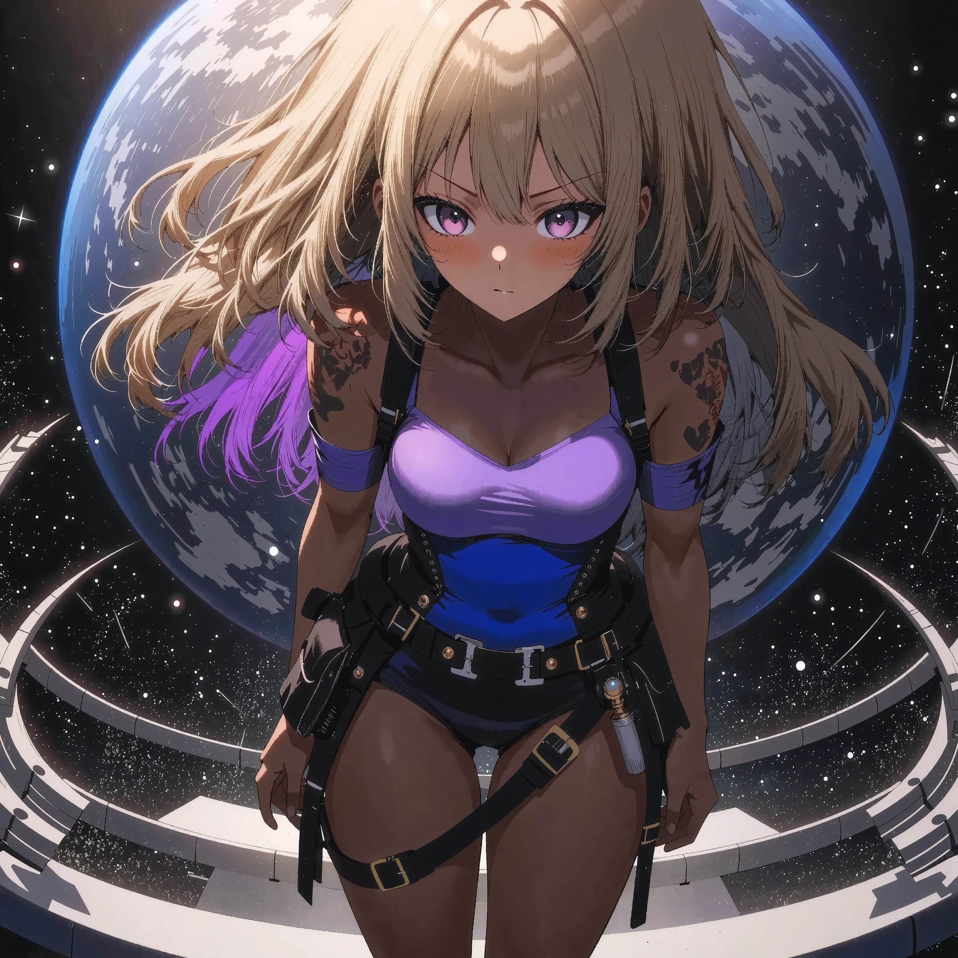 1 female worker　+future city construction site　+Anti-gravity　+ dark energy 　+textured skin that you can grab with your knee、tanned leather tool belt equipped with lots of tools in a tight spacesuit　+full harness、 Cosmic Space