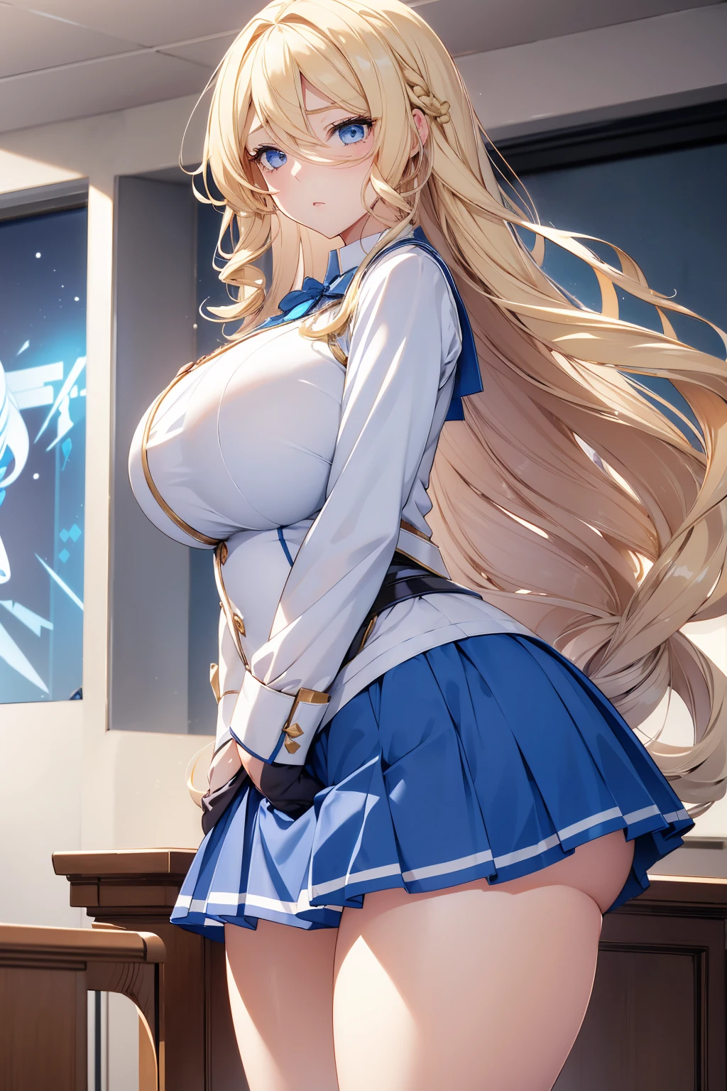 ((One girl)), Beautiful smile,Blushing,Open your mouth,Glossy Lips,Abstract, Night Observatory, ((Anime style background)),masterpiece, highest quality, so beautiful, Absurd, up to date, Complex details, Pink long nails,AI-generated, Complex,High resolution, highest quality, super high quality,3D Images、View the viewers、3D Images,one person,Long Blonde Hair,High Ponytail,blue eyes,Anime girl posing for photo, [[Fine grain、Colorful eyes、Shining Eyes:1.15]],(Squint your eyes:1.1),a hyperRealistic , hyperRealistic , Realistic , blonde anime girl with long hair, Smooth anime CG art, Beautiful anime school girl,White long sleeve blouse,Blue checked skirt,Big blue chest ribbon, Earrings,(Large Breasts:1.3),Mature Body,tall,Big Ass,Fine details,Abdominal muscles,(Look Back),Stick your butt out,Put your hands on your face