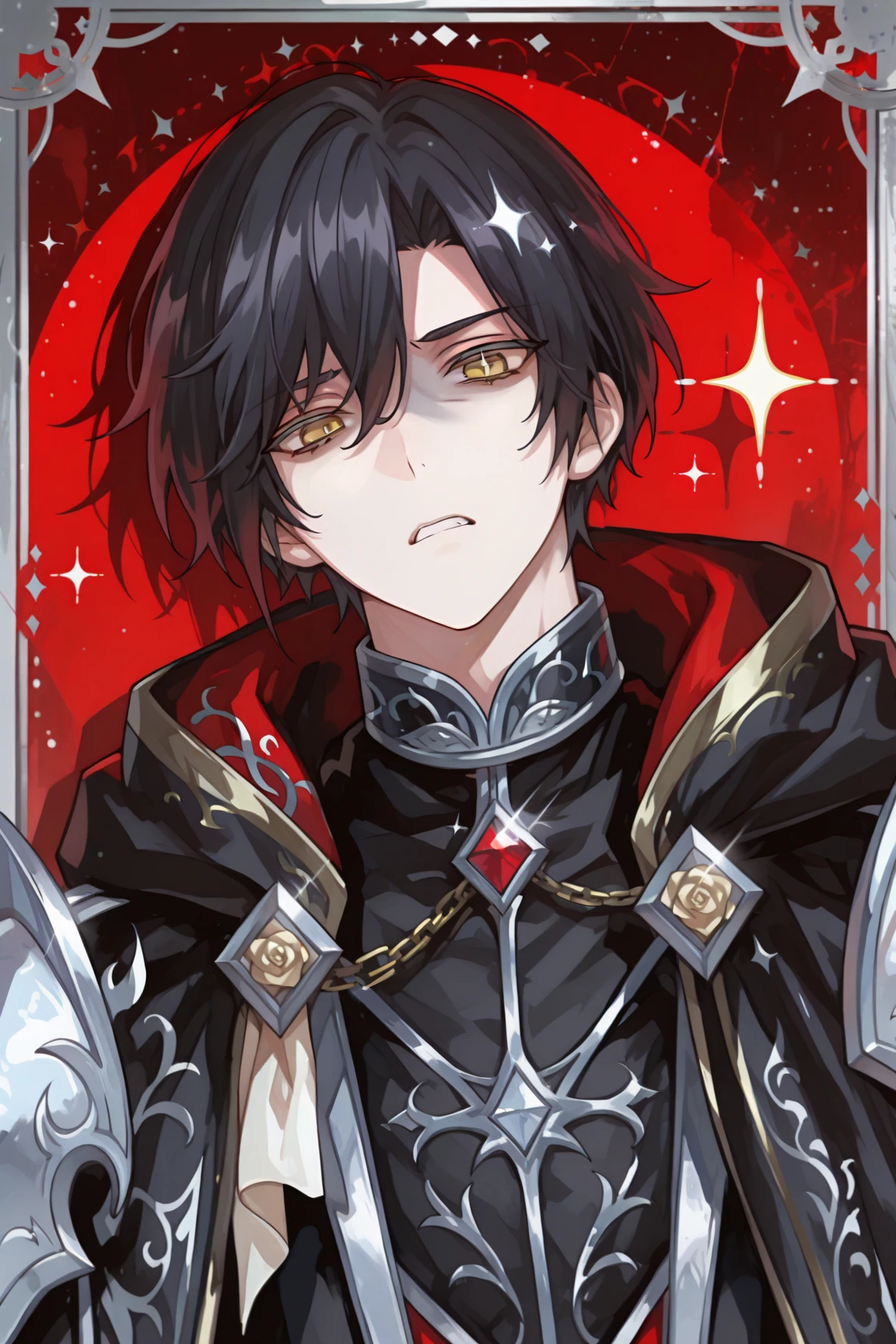 1 male, Adult, Tall and thin, good looking, Short black hair, Dark red eyes, Condescending attitude, Naughty kid, A prince dressed in black with gold embroidery, Medieval, Fantasy, close, Candles and black magic