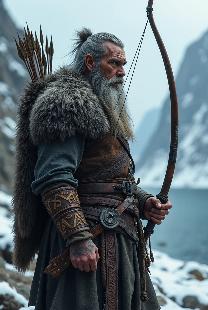 Viking archer with triqueta tattoo on arm with white hair at night in a canyon in 4K 