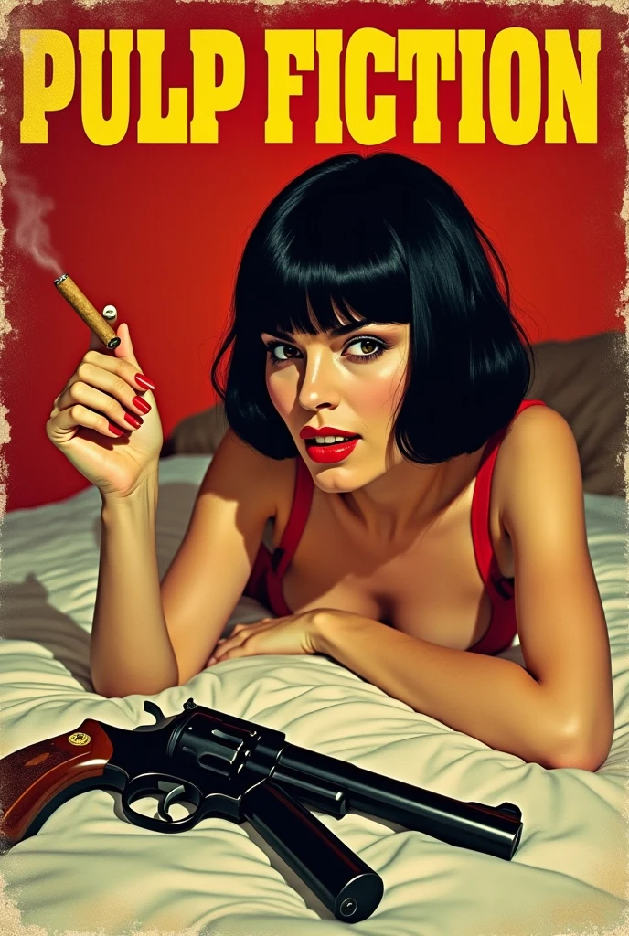 painting of a woman in a lingerie smoking a cigarette, an ultrafine detailed painting inspired by Harumi Hironaka, trending on cg society, pop surrealism, betty page fringe, pulp femme fatale, style of hajime sorayama, art in the style of terry moore, betty page, hajime sorayama style, dorian cleavenger, pulp illustration