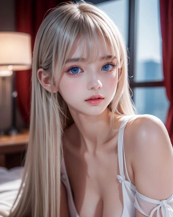 The most beautiful light blonde hair in the world、Bright expression、Beautiful Bangs、Super long straight hair、Beautiful, clear, bright light blue eyes、Sheer white and wet nightgown、European youth、Perfect body、The ultimate beauty、Perfect beauty、The cutest face in the world、The most beautiful 17 year old in the world、White and glowing skin、Perfect beautiful face、Bright makeup、Pale pink lips、One Girl、Unbuttoned shirt、lipstick、Deceptive advertising、{vapor}、Viewer's vision、Golden Hour Lighting、Comic Strip、Bokeh Atmosphere Perspective、Detailed Video Lite、Intricate details、High resolution、 Detailed features of the face design、Advanced Details、Clear focus、Smoothness、aesthetics、Advanced Details、Printed、Octane、{{masterpiece}}