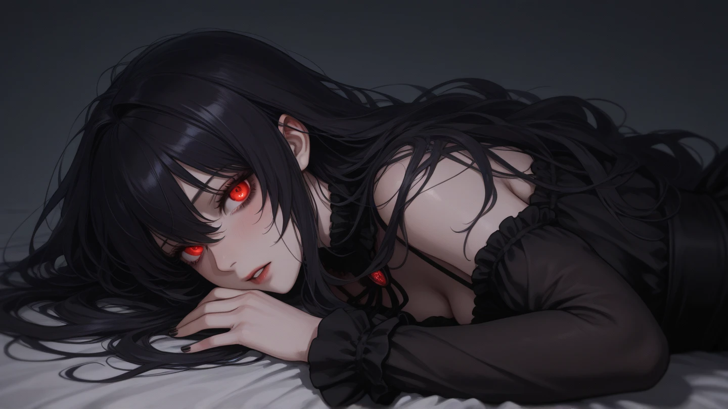 a gothic beauty, a young woman in a white dress, grey hair, red eyes, black roses in full bloom, black rose petals scattered on a bed, viewed from above, (best quality,4k,8k,highres,masterpiece:1.2),ultra-detailed,(realistic,photorealistic,photo-realistic:1.37),extremely detailed eyes and face,longeyelashes,intricate and ornate details,dramatic lighting,moody and atmospheric,muted color palette,chiaroscuro lighting