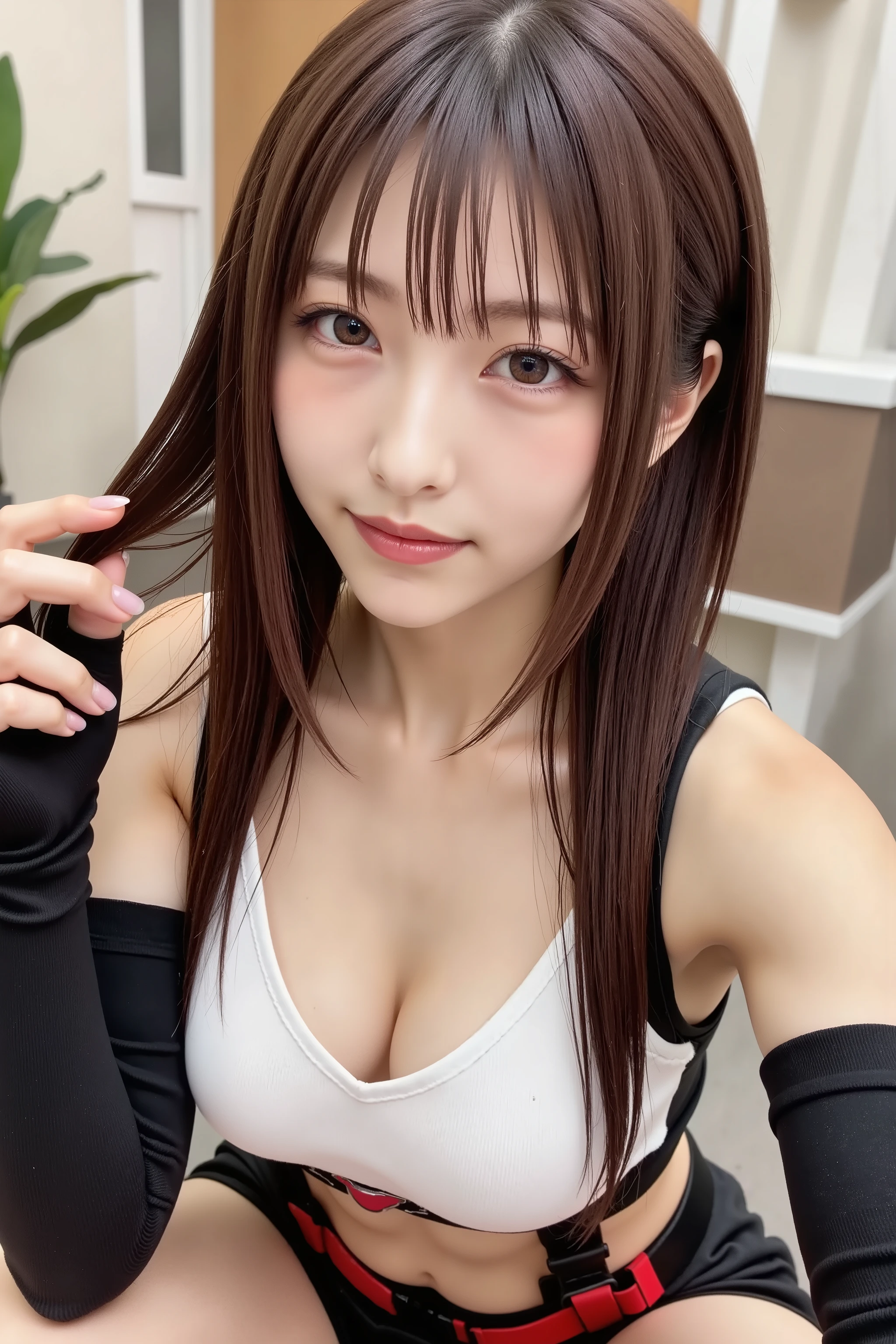 Girl1, medium breasts, bangs, long hair, ( Curly hair:1.5),
Tifa Lockhart , white sports bra, black suspenders, Black Miniskirt, Arm Warmers , black elbow gloves, elbow pads, red gloves, red footwear ,
girl, gal,
(happy, smiley, parted lips, open mouth,
laughing:1.5), ((selfie:2.0)),
(spread legs:1.3), (legs up:1.3),
Cinema Lighting,gleaming eyes,big eyes,detailed eyes,wet,Watery eye,Beautiful glossy lipstick,perfect makeup,ultra-high definition beauty face,
high resolution, masterpiece, Accurate, anatomically correct, best quality, HD, detail, High detail, high quality, quality, retina, highly detailed, Realistic textured skin, ultra-high definition,