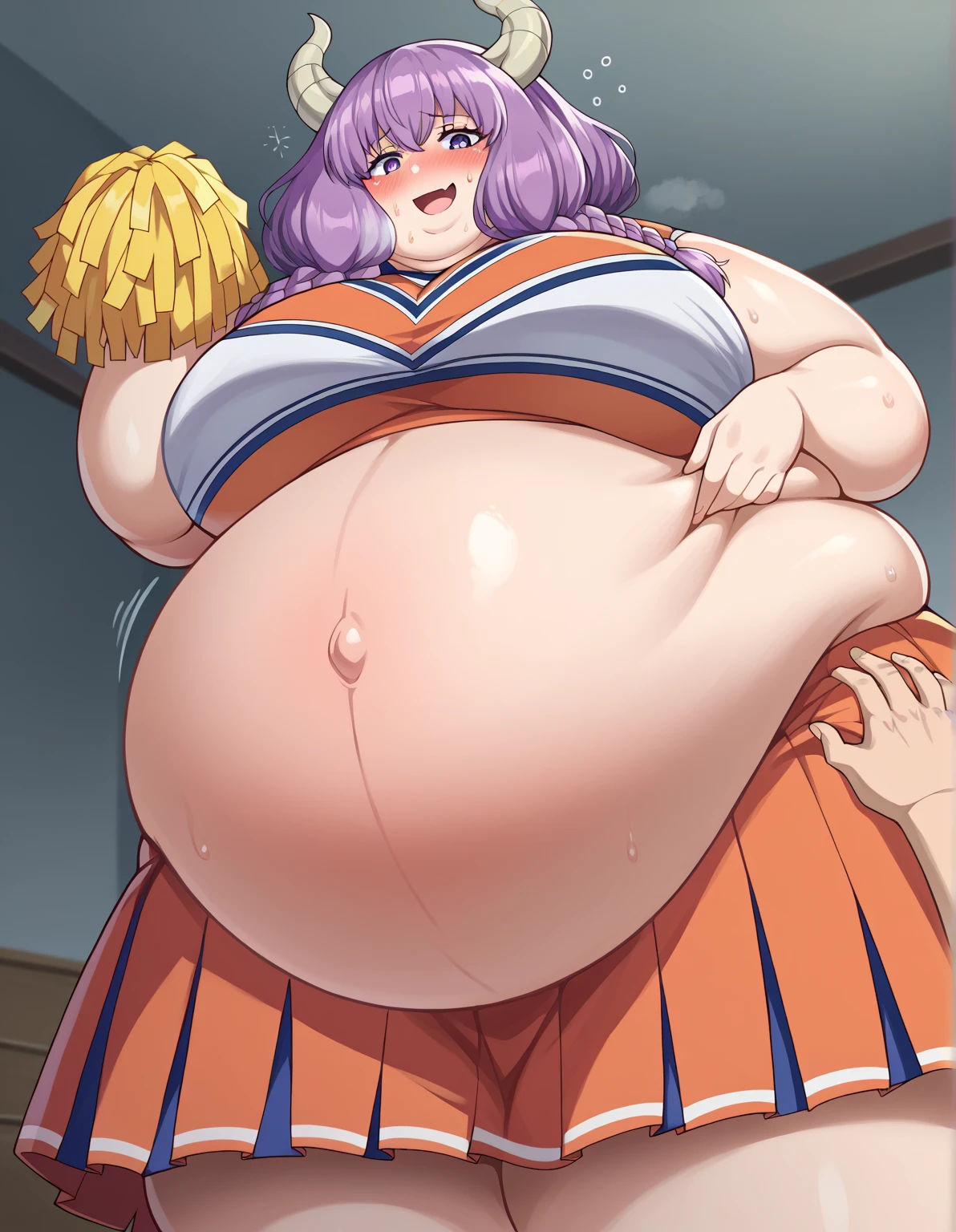 airani iofifteen - hololive, 1girl, (((bimbo))), single side hair bun, hair ornament, hairband, white long hair, purple eyes (((bimbo))), paint splatter on face,, thin lips, painted lips, smile face, pregnant belly, big belly, wide hips, thick thighs, huge round ass, enormous natural breasts, shiny oily breasts, sailor uniform, full body, classroom, nsfw
