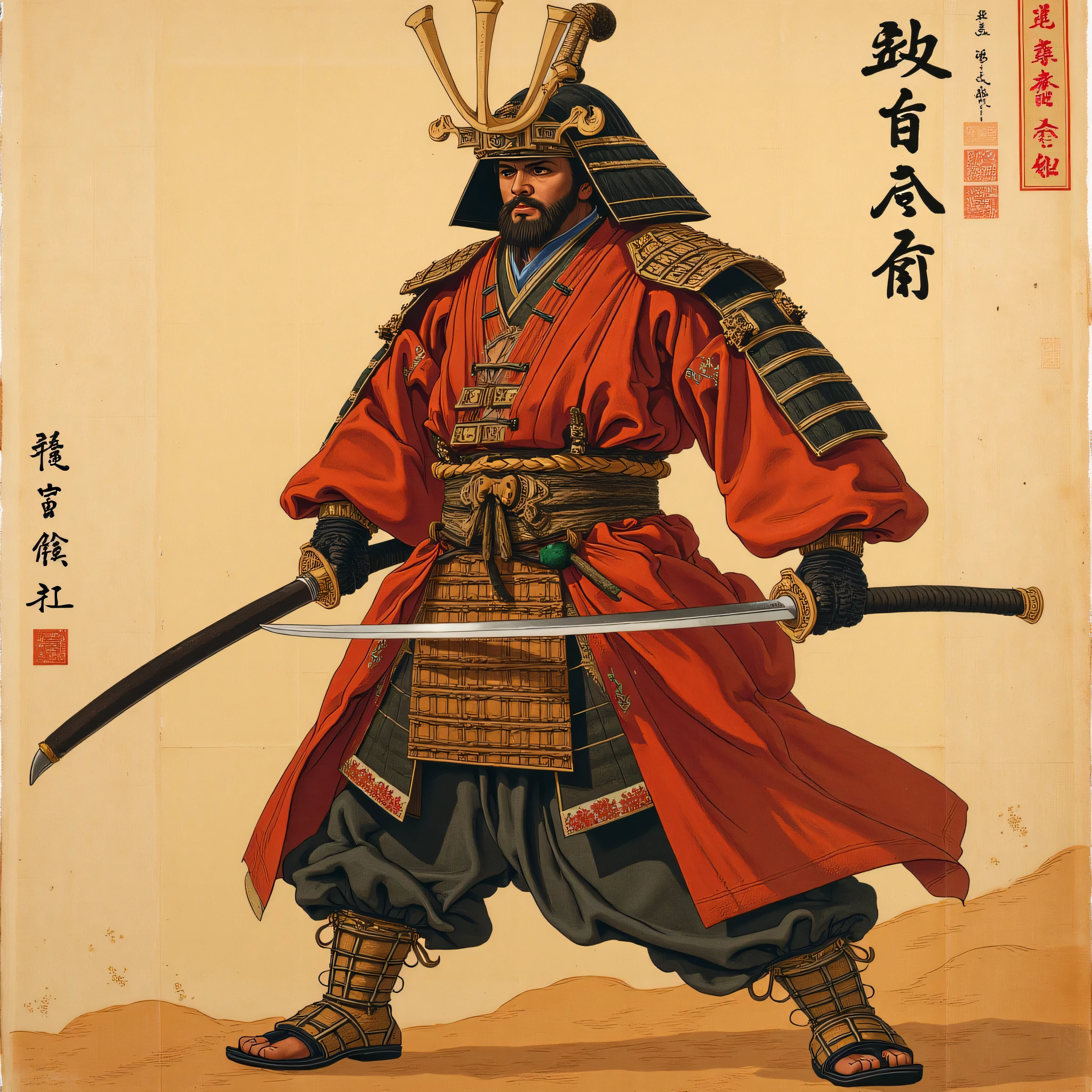  Japanese painting,Samurai holding swords 