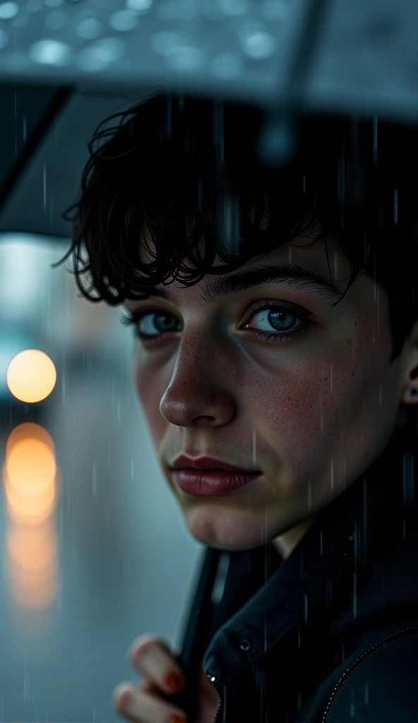 you look lonely scene, blade runner 2049, a girl in the rain, looking up, solo, beautiful detailed eyes, detailed facial features, dark brown eyes, dark brown hair, bandaid on face, bandaid on nose, blood on face, dramatic lighting, moody atmosphere, muted color palette, cinematic composition, (best quality,4k,8k,highres,masterpiece:1.2),ultra-detailed,(realistic,photorealistic,photo-realistic:1.37),dramatic lighting,cinematic,moody,muted colors