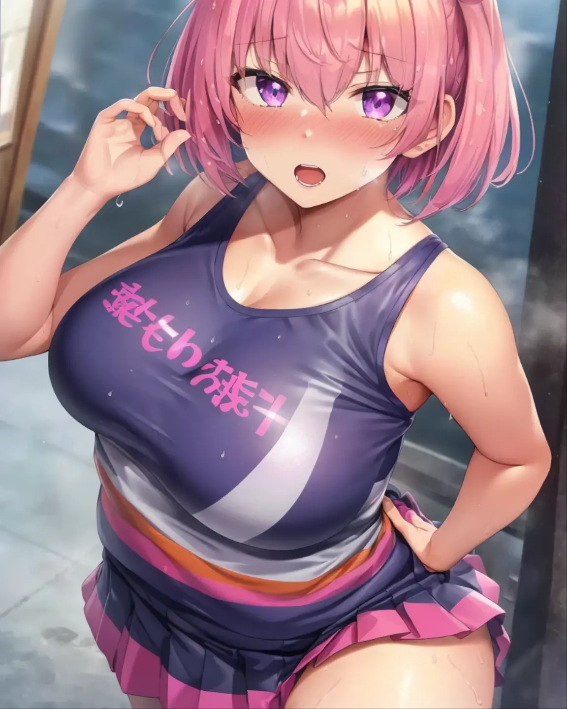 (((cheer girl))), sweating profusely, Dancing, ((Slender figure)), Pink hair color, short-hair, The highest image quality, hightquality, high detailing, 超A high resolution, 8K, depth of fields, Cinematography, intricate detailes, Elaborate, meticulous, Magnificent, Maximum Detail, Extreme beauty