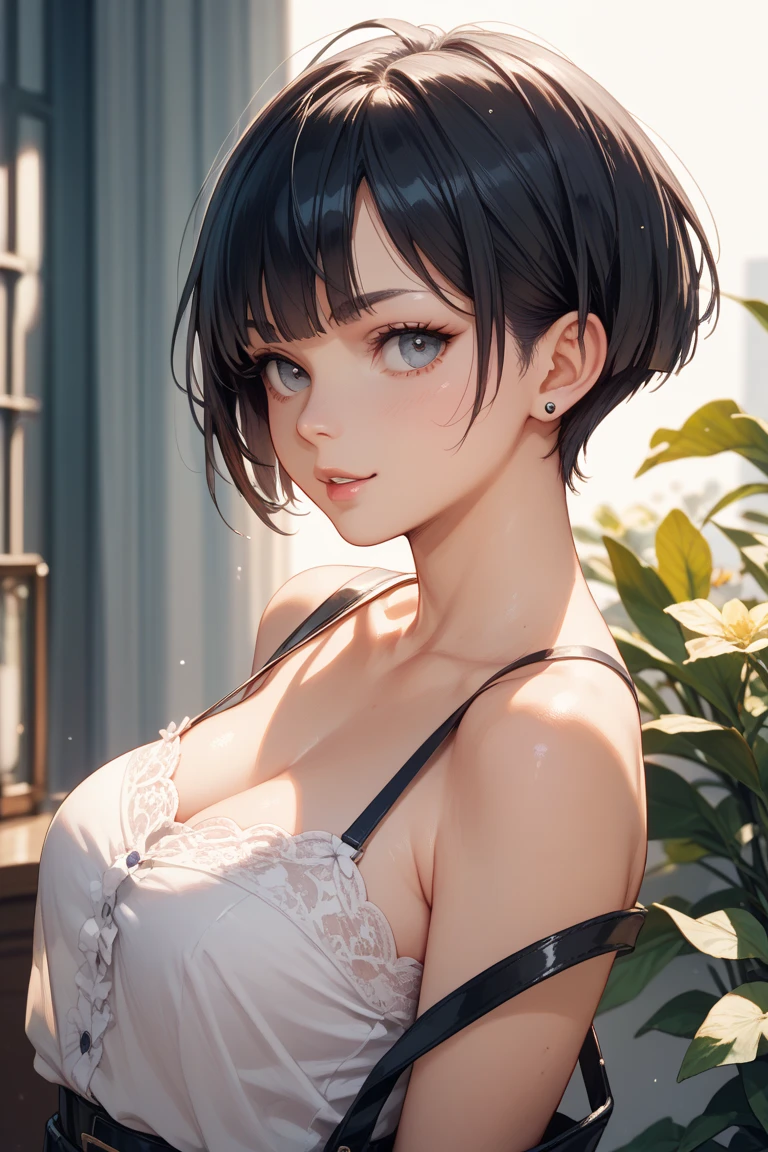 (real, High resolution:1.3), One girl with a perfect body, Very beautiful face and eyes,Bobcut, Big Breasts,Off-shoulder top, Nude,Japanese,wearing Halter neck lace teddy with peek-a-boo cups,looking up flirtatiously,Ultra-realistic capture, Highly detailed, High resolution 16k close-up of human skin. Skin texture must be natural, With such detail that pores can be finely identified. Skin should look healthy, In a uniform tone. Use natural light and color,Maid clothes