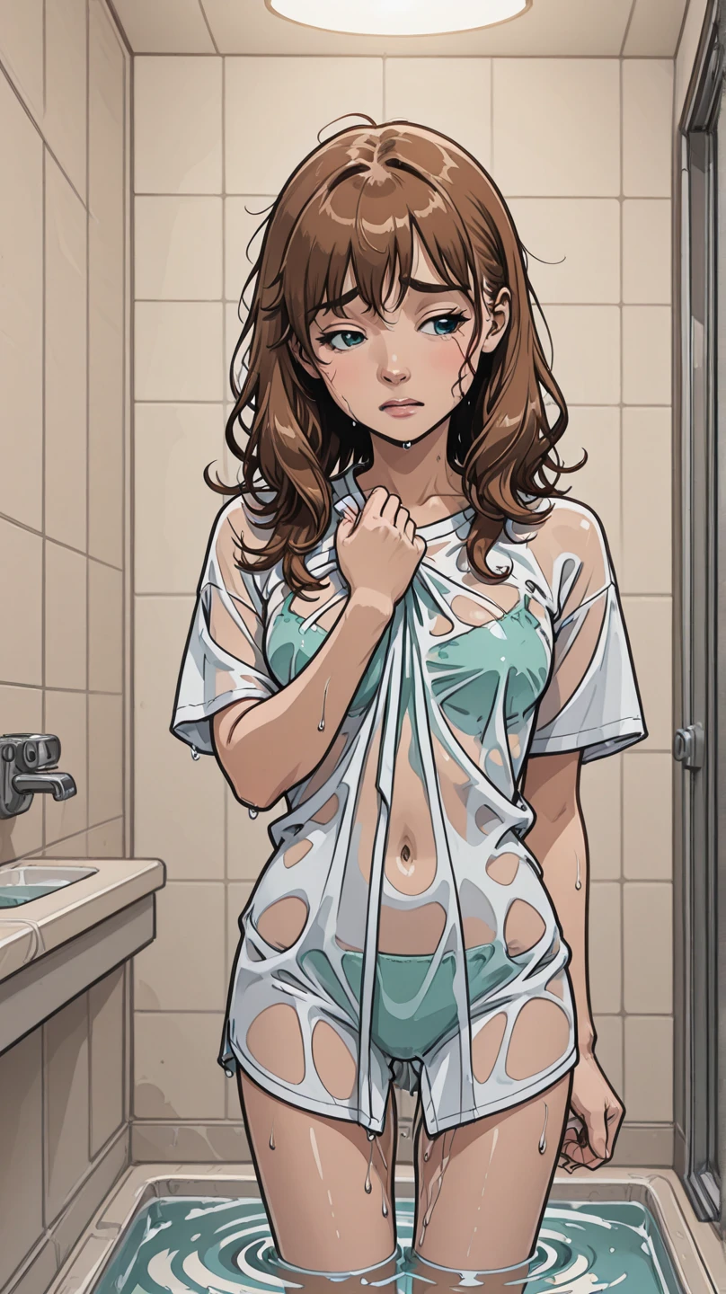 barechested、cum on chest、grabbing on breasts、A smile、Smaller chest、small tits、Ｂcups、Brown hair、Short ponytail、Freckles on the face、Ruined restroom