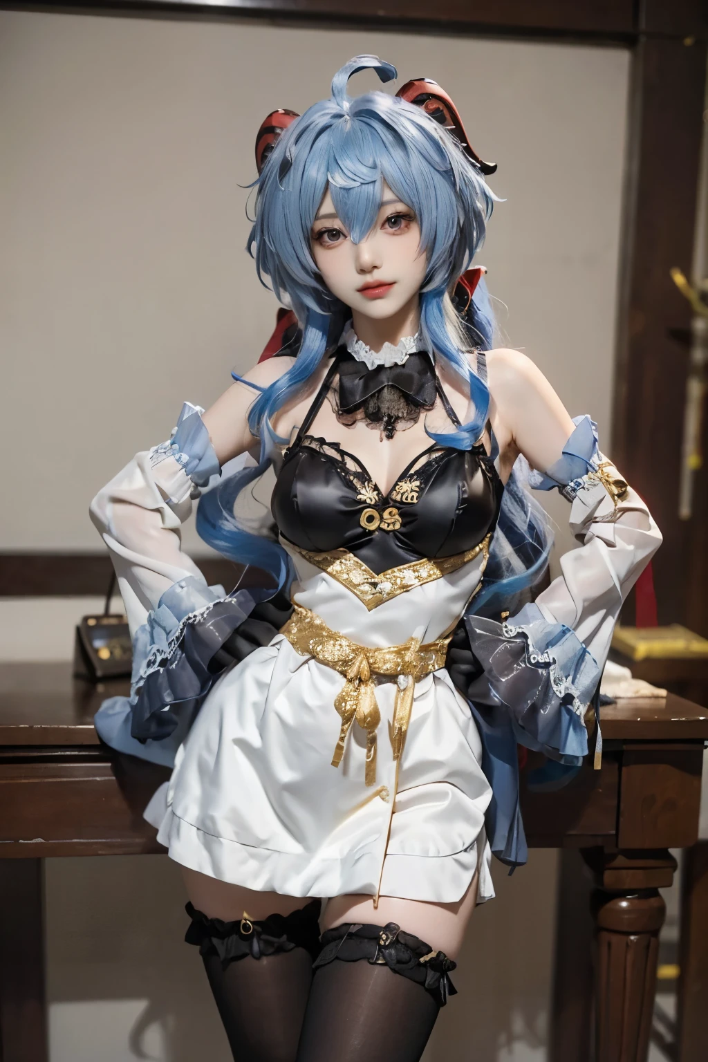 Perfect face, perfect body, perfect skin, ganyu, Ganyu from genshin impact, posing with one hand on her hip, facing the camera, cosplay, cosplayer, sexy, hot, beautiful, long legs, slender, thigh gap