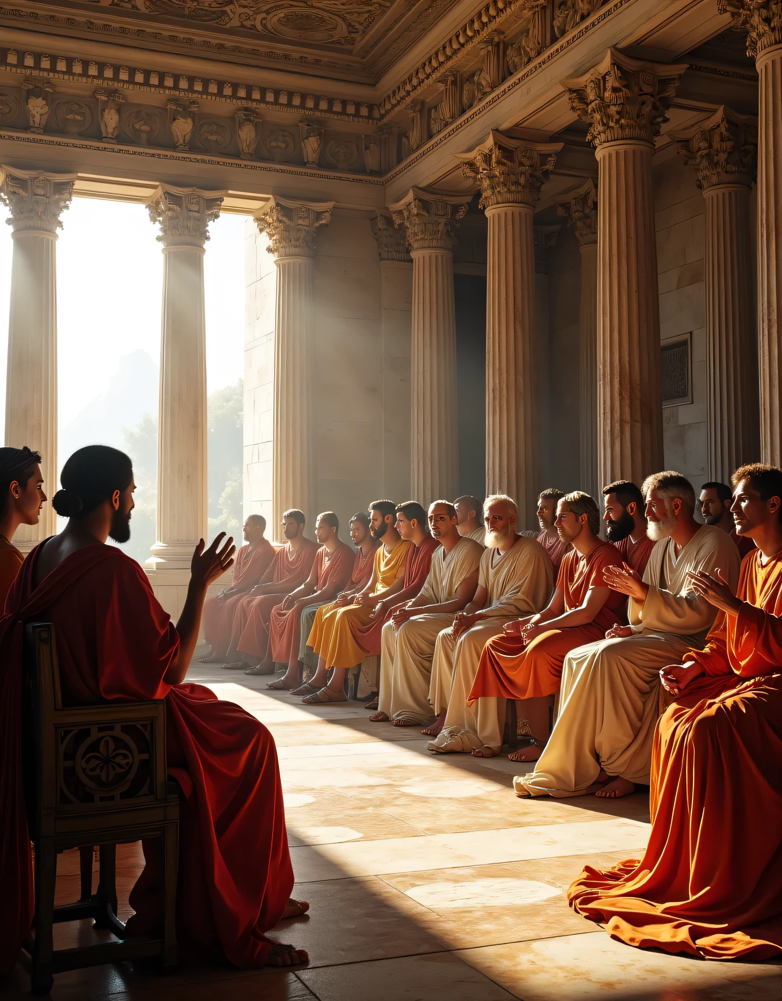 **Prompt:** Imagine stepping into the grandeur of an ancient Greek forum building during an orderly senate meeting. Capture the scene with a wide panoramic angle that showcases the beautifully designed interior, complete with intricate marble columns, ornate friezes, and natural lighting filtering through large windows. The patriach senators, resplendent in flowing togas, engage in calm discussion, embodying the essence of democracy and wisdom. Use hyperrealistic techniques to emphasize the texture of their fabrics and the warmth of their expressions. Aim for a cinematic vibe with balanced composition, utilizing octane 3D rendering for stunning detail. Incorporate elements of depth of field to create emphasis, employing slow shutter speed to gently blur the moving hands of senators as they gesture passionately. Your photograph should exude a National Geographic style, focusing on the interplay of light and shadow, showcasing the vibrant life of the forum's interior while remaining anchored in history. Create a work of digital art that pays homage to the beauty of ancient Greece, inspired by the aesthetic of the Far Cry 5 game, but grounded in realism and meticulous detail.
