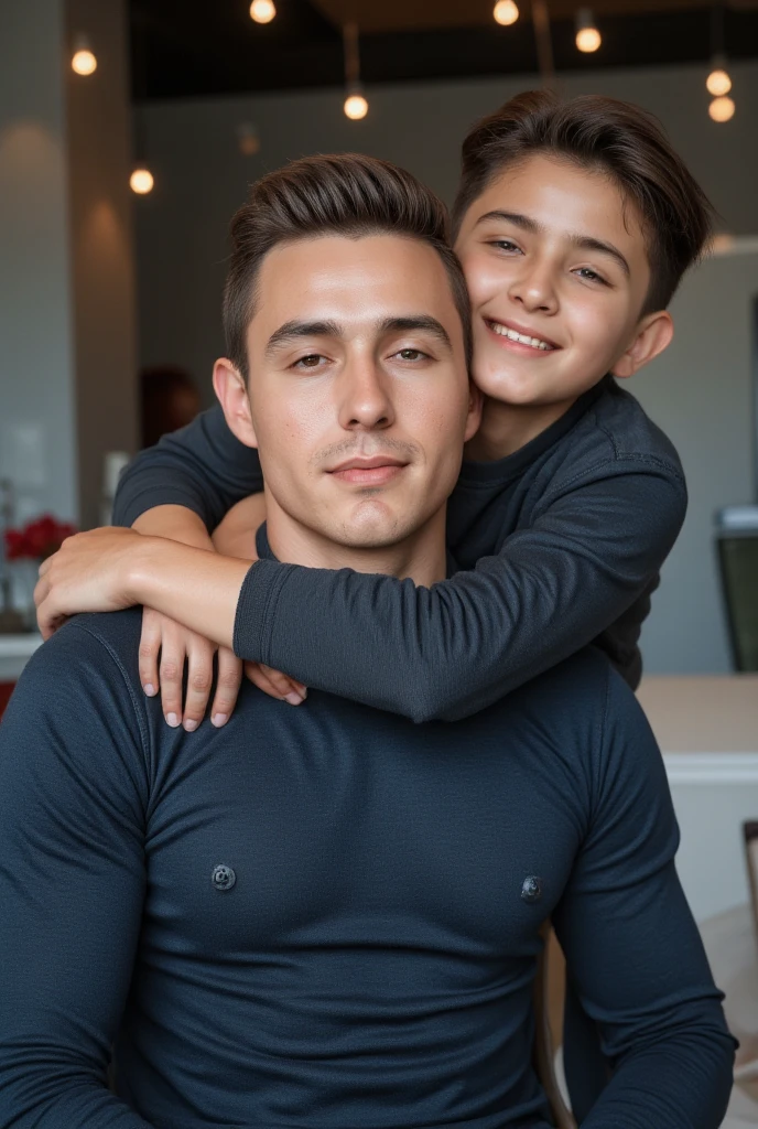 add another effeminate shirtless gay man who is very thin, Hugged together, Whole body