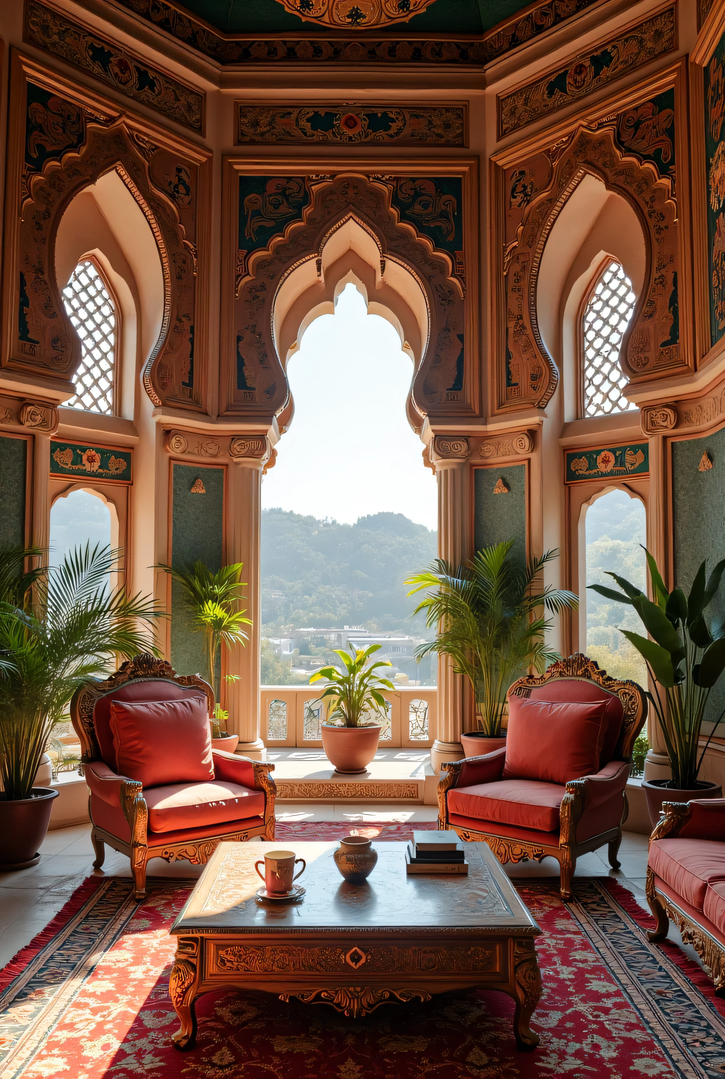 Sindh Region , and we can see wood carving in the architecture in the spaces. It is a region that was home to the oldest civilizations in the world. Let it be Ottoman and Timurid architecture, geometric patterns , Tile decorations, Sindh tiles, The space Let the landscape look at the river Sind. In this area it is possible to see Muslim Indian Persian and Turkish architectural influences. This interior will be a living room , The Indus Valley Civilization is one of the most well-known ancient civilizations in this region {x} let the items and fittings in the hall be inspired by the architectural style of the Sindh region. Let it not be a chaotic mess. Double berjer in the space , orta sehpa, bitki, , library, and various accessories. Pink milk tea in a glass cup above the coffee table. Let the focus be on the berjer and the table. Create a detailed design.