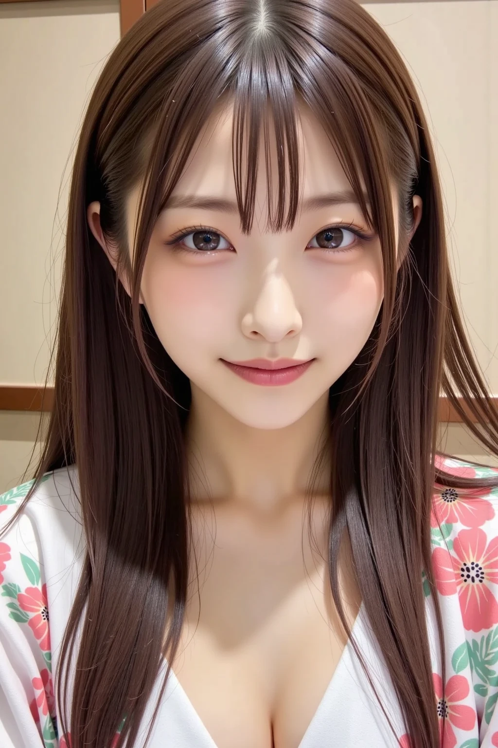 there is a woman with long hair wearing a polka dot shirt, 奈良美智, sakimichan, with small nose, chiho, with accurate face, cute natural anime face, japanese facial features, clear cute face, kawaii realistic portrait, asian face, 8k selfie photograph, soft makeup