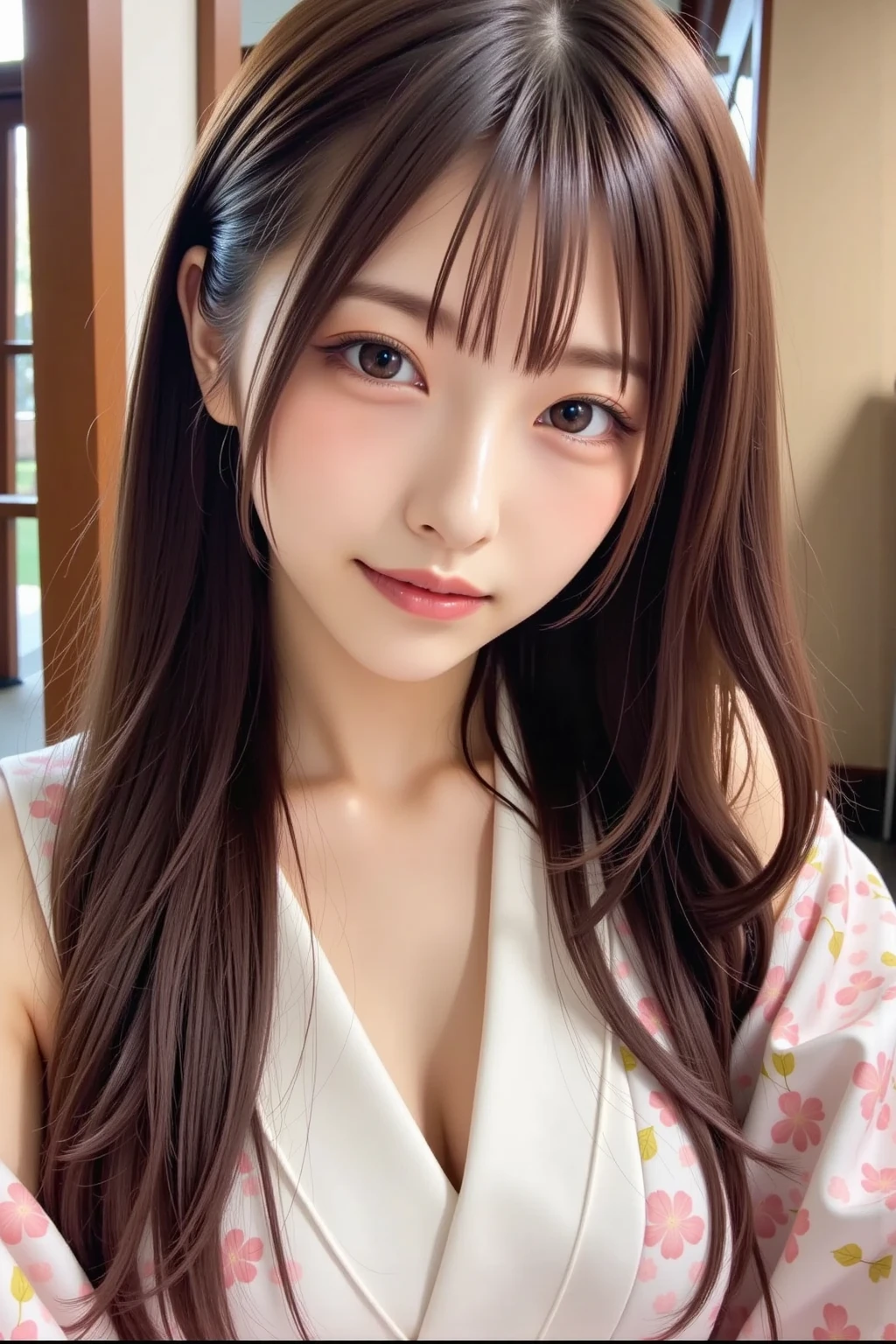 blush,,small breasts,winter,european cityscape,long hair ponytail,winter clothes,brown coat with collar,long skirt,close up of face,((8K, Raw photo, best quality, muste piece:1.2), (Reality, photorealistic:1.4), (Highly detailed 8K wallpaper), Depth of the bounds written, cinematic lighting, soft light, detailed beauty eye,Shiny and smooth light brown ponytail, asymmetrical bangs, shiny skin, super detailed skin ,high resolution, high detail, detailed hairstyle, detailed beauty face, hyper real, perfect limbs, perfect anatomy ,1 Japanese girl,famous japanese idol, perfect female body,shy smile,short eyelashes,double-edged eyelids,look straight here,Hair style is ponytail,