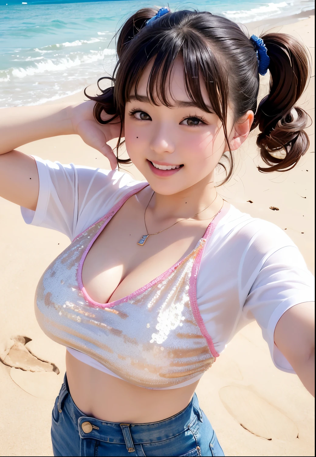 ( of the best quality ,masterpiece:1.3, super high image quality),( very well detailed、 caustics ) ( realistic:1.4, RAW shooting、)Ultra- realistic Capture、 very well detailed、 natural skin texture 、masterpiece、( Japanese elementary school students wearing alphabet-patterned sequin T-shirts and short jeans:1.3)、 adorable expression、Expressions of Happiness、、: 、baby face、pure、 amazingly cute、 twin tail hairstyle 、curly hair、scrunchie 、 necklace、 black hair、 Big Breasts、 Glowing Thighs、Midsummer Sunshine、Photo taken on the beach in Okinawa 、smile、 An inviting gaze 、( anatomically correct)、 Cowboy Shooting、 attention to detail、highlight your breasts by bringing them closer、