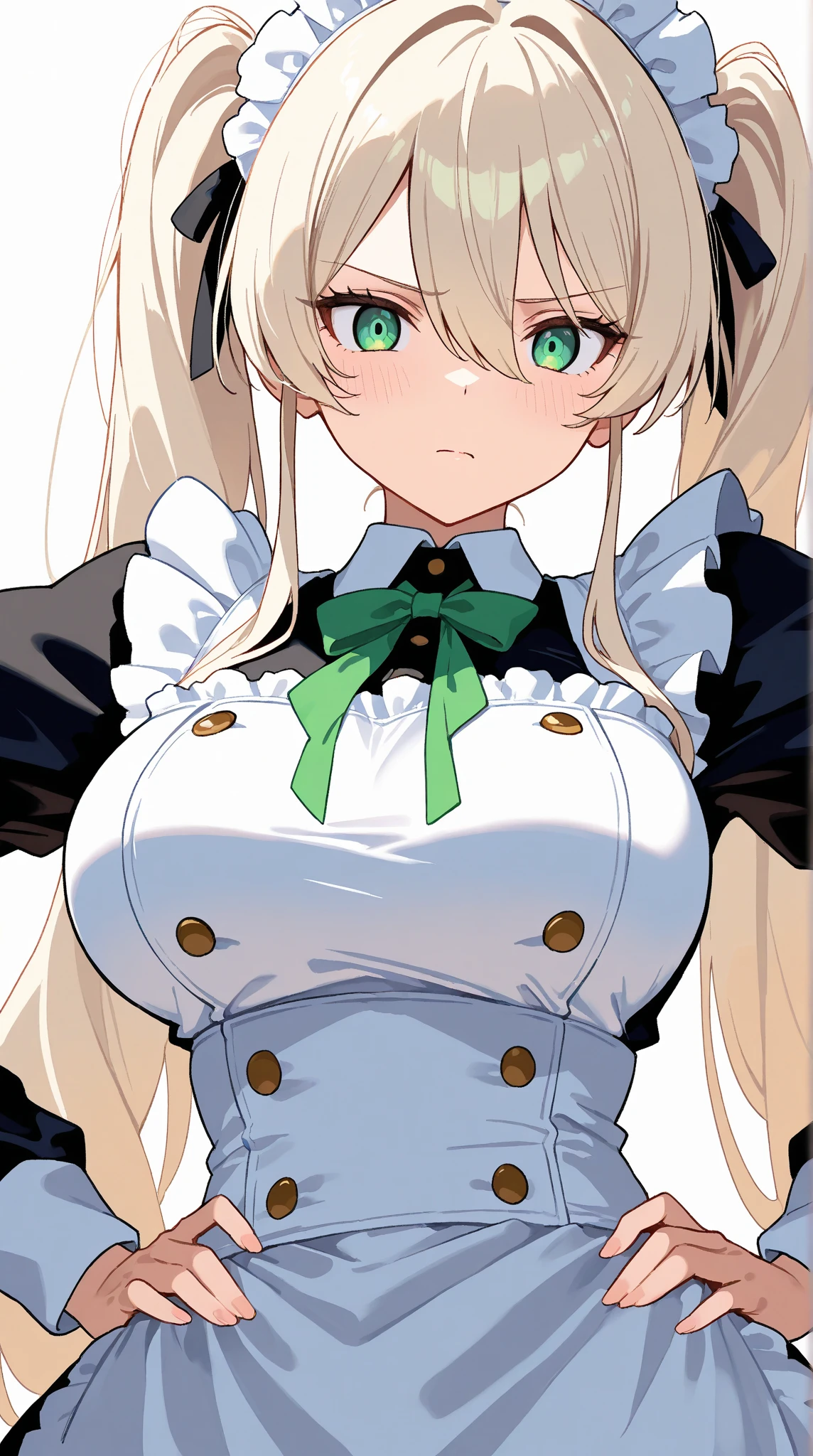 Blonde twintails with a mature look,green eyes,A sexy maid outfit that looks like a swimsuit that exposes the cleavage,Eyes wide open and a surprised expression,huge ,beautiful rounded chest,young woman,The whole body is shown,face and body facing forward