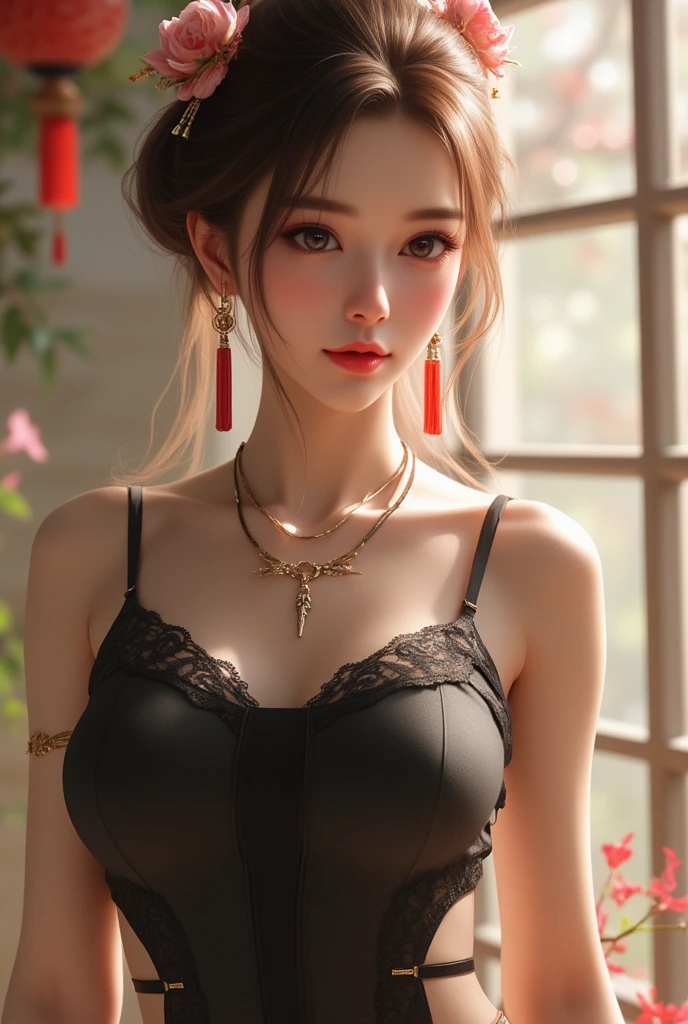 （A desert：1 girl with black hair,Western Region Dancer，Dance）， tmasterpiece， best qualtiy， RAW photogr， realisticlying， the face， Incredibly Ridiculous res，， ear studs， (flowing long black hair)，eye shadows，intricate jewelry，Bracelet，head chain，Collar，foot ring，Western-style bikini clothing，nipple tassels，Tulle skirt，The barefoot，depth of fields， A high resolution， ultra - detailed， filigree， RAWE is very detailed， very detailed eyes and faces， Sharp pupils， realistic pupil， tack sharp focus， cinmatic lighting，full bodyesbian，Bigboobs，long leges，From the front side，banquet，dynamicposes，Normal posture，closeup of face