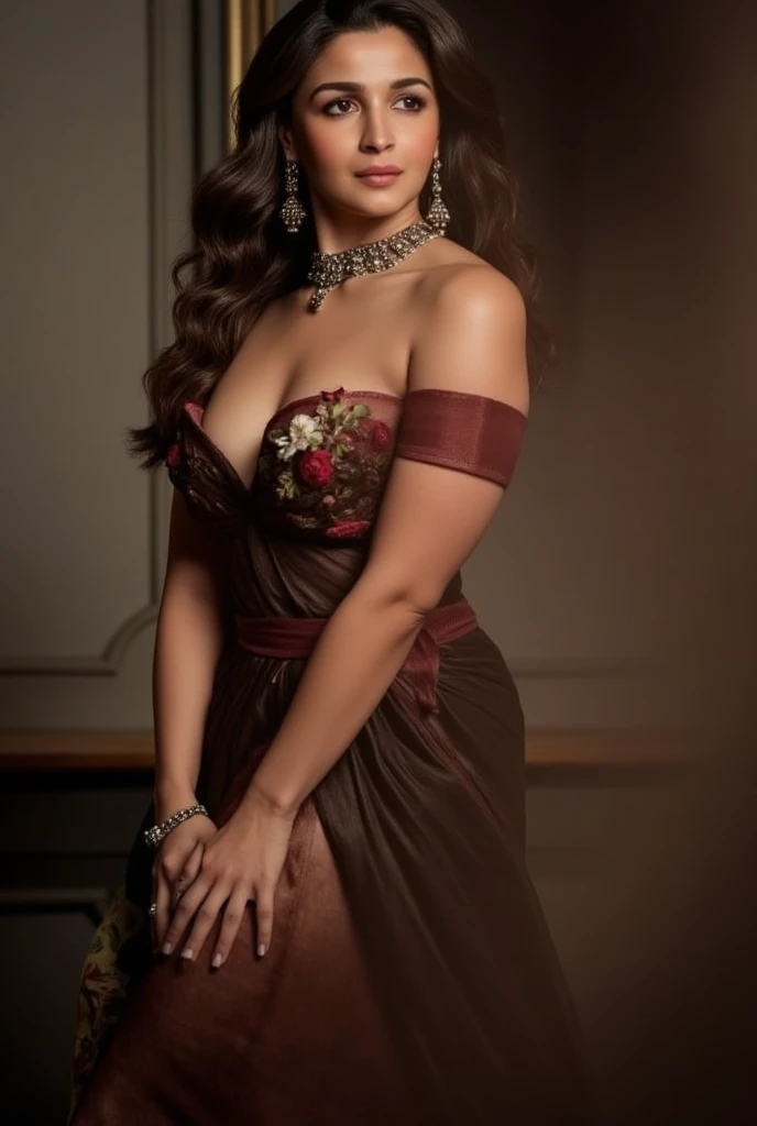 This image showcases the subject's captivating beauty and graceful poise. The subject's long, dark hair cascades in lush waves, framing her face in a visually striking manner. Her gaze is confident and engaging, drawing the viewer in with an alluring sense of mystery.((lady with big busty and hourglass seductive body, weight approx 65 kg with height of 6ft))
The subject's attire is the true showstopper - a stunning, burgundy gown with an intricately ruffled bodice and flowing skirt. The rich, jewel-toned hue of the dress complements the subject's complexion beautifully, while the dramatic silhouette and delicate floral accents elevate the ensemble to a realm of refined elegance.
The outdoor setting, with its verdant backdrop of lush foliage and vibrant blooms, serves as an enchanting complement to the subject's refined, romantic aesthetic. The overall scene evokes a sense of enchantment and timeless glamour, inviting the viewer to appreciate the subject's inherent grace and charisma.
This visually striking image successfully captures the subject's innate beauty and refined style in a tasteful, artful manner that avoids objectification. The viewer is left to admire the subject's captivating presence and alluring charm.
