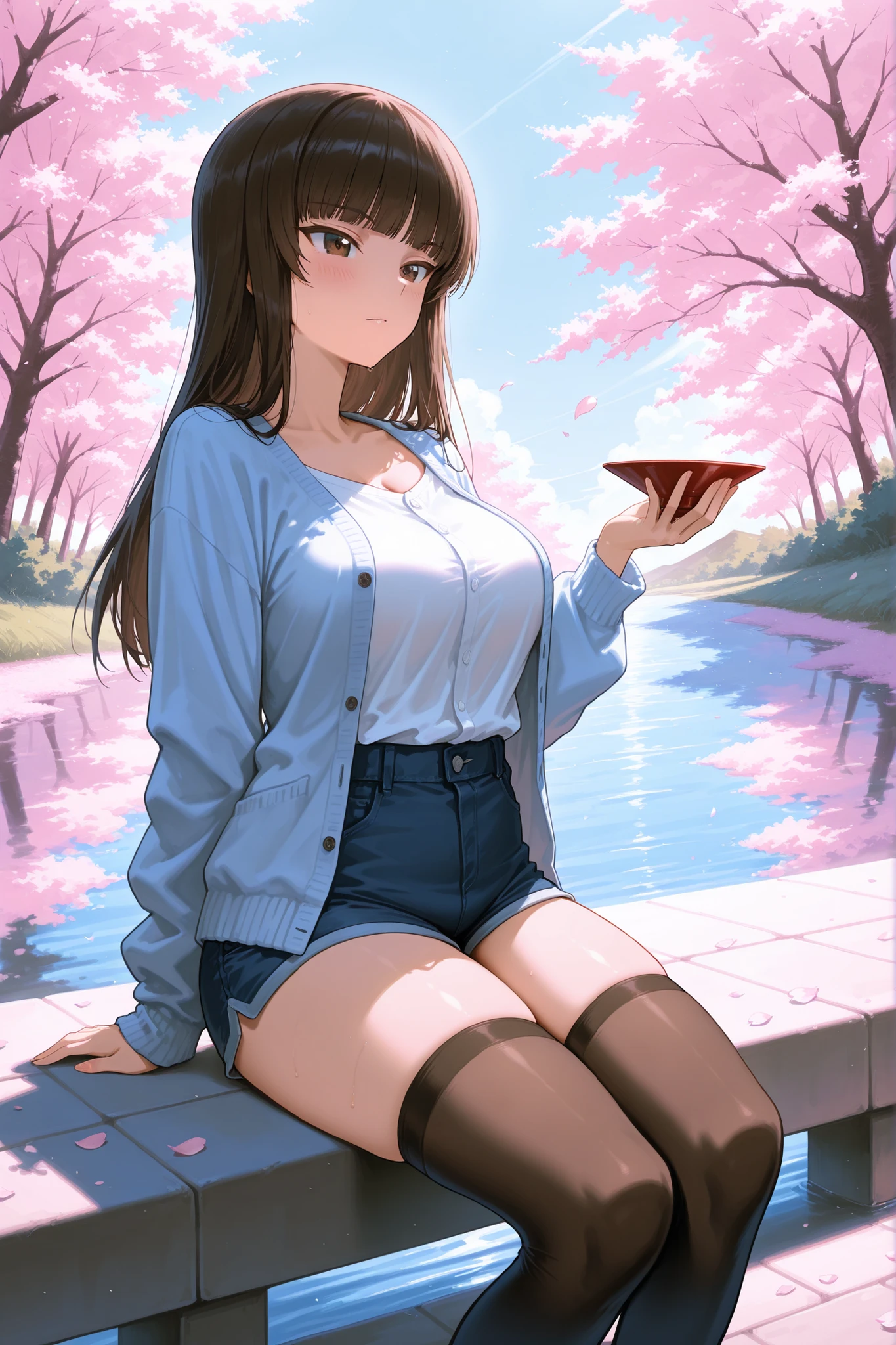 (Very detailed, 最high quality, Anatomically perfect body),High resolution, high quality, One girl, Anime Girls,Brown long hair, Brown eyes, Green glasses,heart shaped pupils,Sunburned skin, Large Breasts,beautiful breasts,pointy breasts,(Big Ass),beautiful ass,Embarrassed,Pink Cardigan,Pink Skirt,lower body,sitting,(open legs),cherryblossom,at cafe,(lemon juice),(orange juice),(Pineapple juice),(Mango juice),(water),