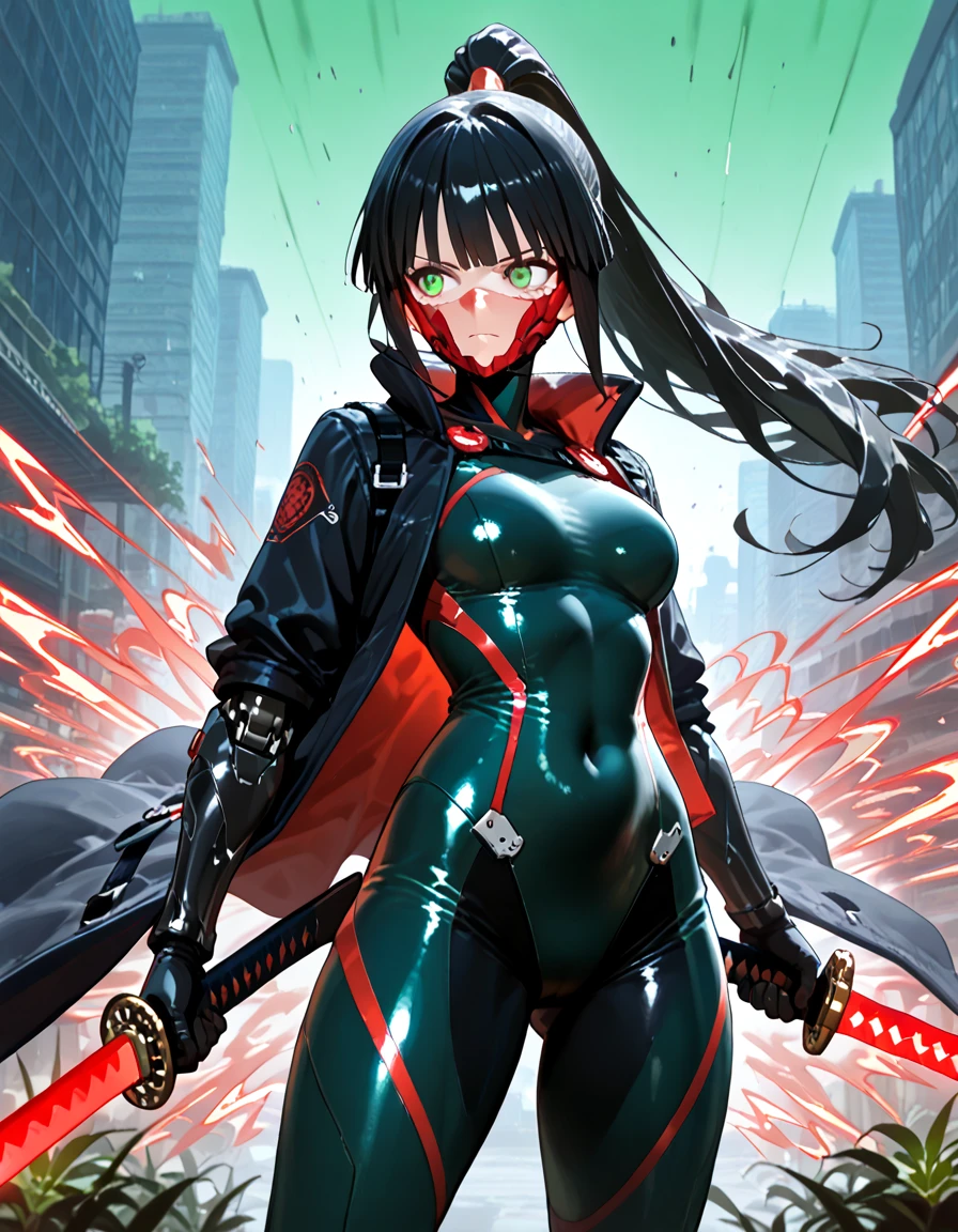 posable articulated figure of an anime girl with black hair and red eyes, wearing a tactical suit with several compartments in the suit, using a sword in a ready to attack pose with a destroyed city in the background