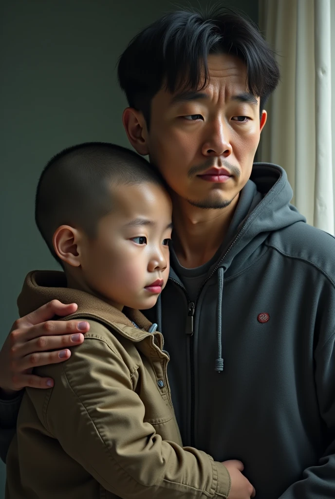 Generate a picture of a 25 years old handsome asian boy hugging a blonde boy who is crying and behind them is big steel gate like to keep them safe.It should look like a father son relationship. It should look real.