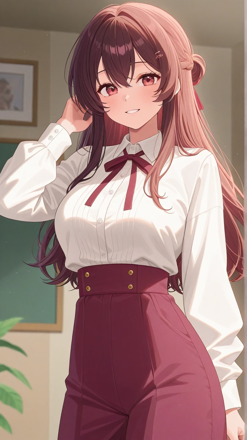 (from from below) (from behind) One beautiful girl bent forward, an ultra-realistic beauty, legs in different directions, school uniform, short skirt, short sleeve shirt, white shirt school uniform, long hair, Spicy pose, a slight smile, trappings, flower in the hair, stockings, Background, VLOP and Sakimichan, ross tran 8 k, Maximum detail of the genitals, Maximum breast detail, Maximum facial detail, realistic eyes, realistic Nose, Realistic smile, Ultra Detail, huge breast, huge_breasts, huge_breasts, huge_breasts