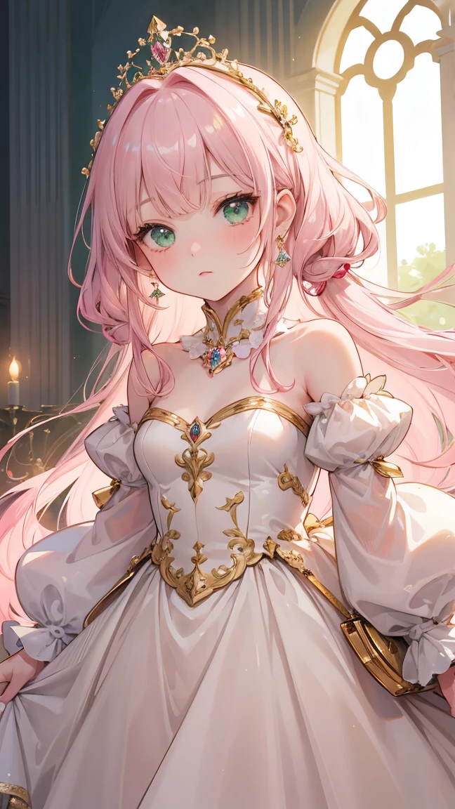 long pink wavy hair and yellow eyes, princess dress and 25 year old girl with breast