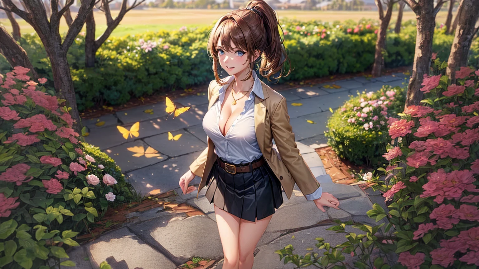 1girl, solo, ((mature girl)), spring, trees, house, fantasy landscape, flowers, butterfly, light brown hair, ponytail, ((large full breasts)), blue eyes, ((brown gold blazer)), ((white dress shirt)), ((unbuttoned shirt)), ((unbuttoning shirt)), ((cleavage)), ((black skirt)), grin, belt, shoulder bag, hair band, looking at the viewer, standing, walking, brown shoes, necklace, perfect quality, clear focus (clutter-home: 0.8), (masterpiece: 1.2) (Bokeh) (Best quality) (Detailed skin: 1.3) (Intricate details) (8K) (Detail eyes) (Sharp focus)