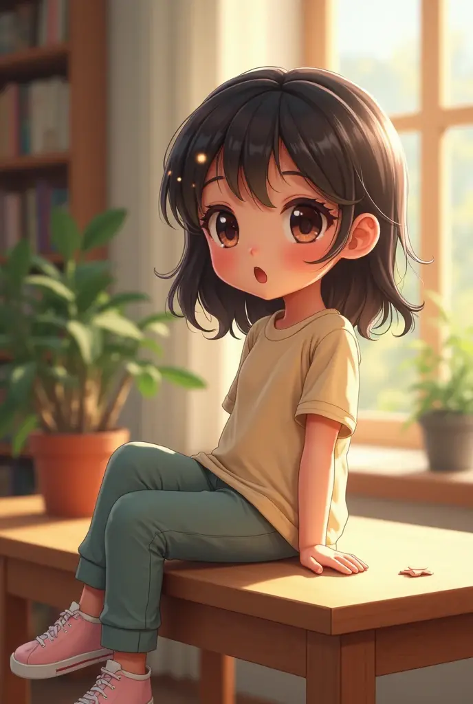 A girl sitting on table wearing small tap and pant