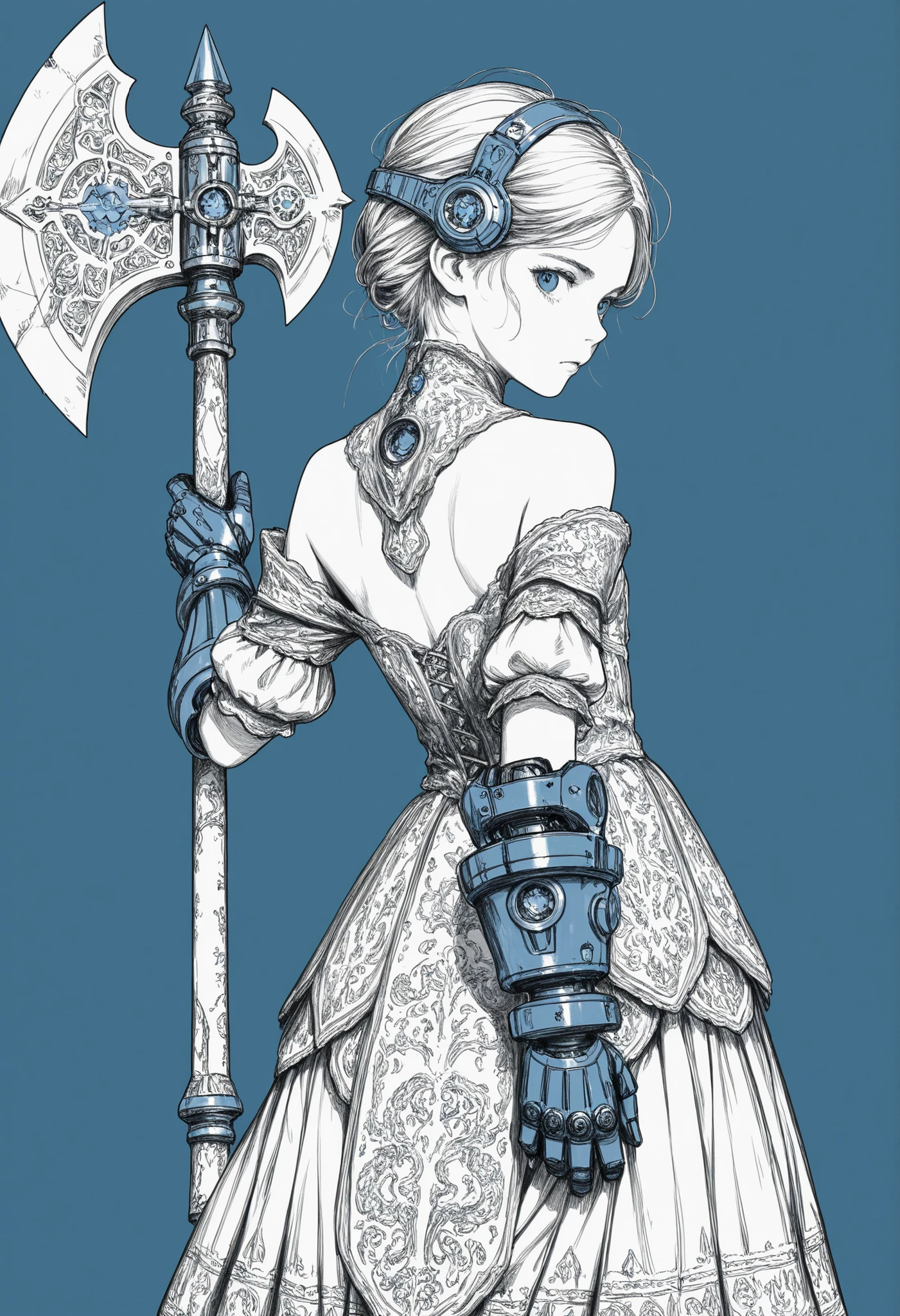 A young girl ,dress with giant ruffles, from behind,(looking back),blue eyes,giant blue rune axe,blue mechanical glove, monochrome,grayscale, blue on the background,messy line art