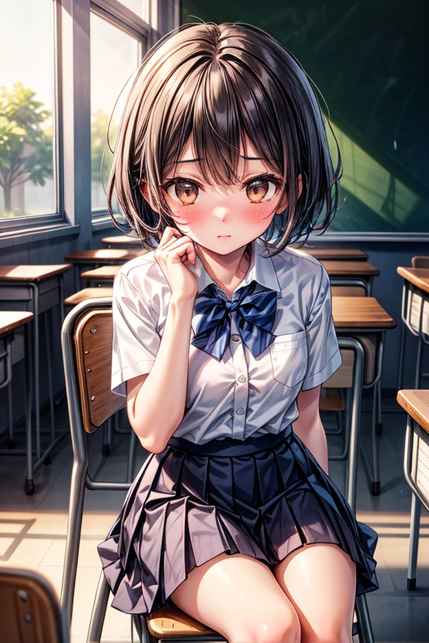 masterpiece, best quality, 1girl, arm behind head, arm up, bangs, black hair, blush, red bowtie, closed mouth, collared shirt, school uniform, short hair, indoors, looking at viewer, school desk, classroom background <lora:XaxaxaV2:1>