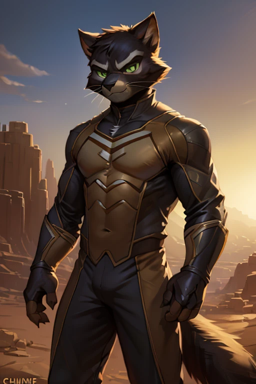 4k, high resolution, best quality, masterpiece, perfect colors, perfect shadows, perfect lighting, published in e621, (by Chunie, by Einshelm), furry, den, furry art, ((portrait)), male cat, black cat , character Mordecai Heller (two-tone fur), furry body, green eyes, in a white desert, (serious face: 1.2, ((looking at viewer)), detailed fur, detailed face, perfect face, wearing a deadpool suit red, detailed costume, deadpool superhero uniform, superhero pose, comic character, classic red deadpool costume, detailed desert background, illuminated environment, ((Bonifasko lighting)), cat tail, (detailed eyes), pupils perfect, heroic pose