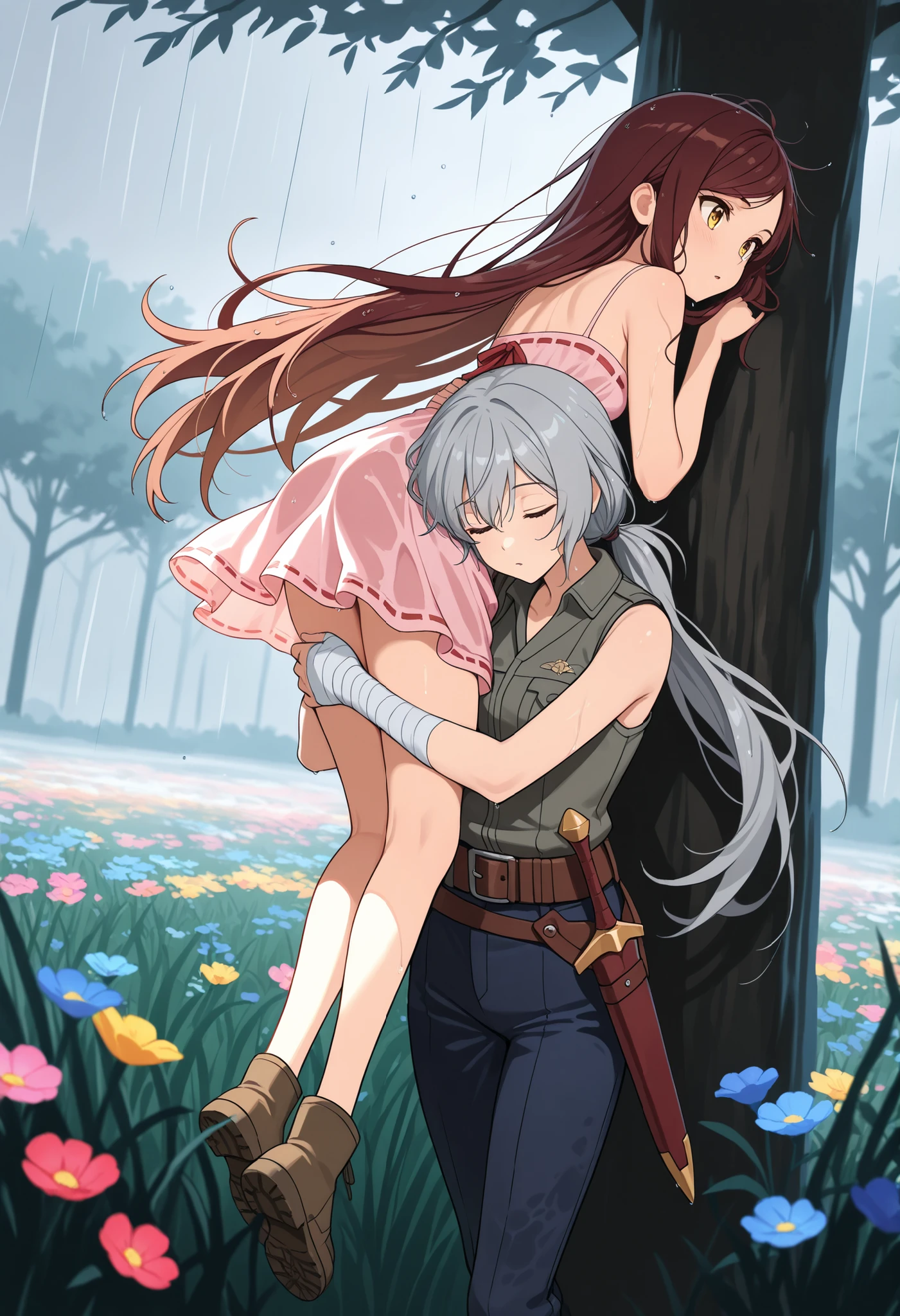 (masterpiece:1.2, Best Quality), (finely detailed beautiful eye: 1.2), (beautiful detailed face), carrying, carrying person over shoulder, shoulder carry, alert, dynamic pose, dynamic angle, action lines, character: brown hair , sleeping, brown eyes , very long hair , swept bangs thin , small breasts , bare shoulders , pink sundress , backless sundress , bandaged hands , spaghetti strap sundress , sundress with white frill trim , brown belt , brown combat boots , dagger sheathe attached to belt , character: thin , messy hair, yellow eyes , long hair , gray hair , low ponytail , light skin , yellow eyes , ,gray sleeveless vest with white frill trim,thin, light gray sleeveless shirt, dark blue trousers, thin legs, thin thighs, dark red swordbelt, sword sheathe, sword pommel, shade, tree branches, tall grass, colorful flowers, windy, ruffling hair, rain, wet clothes, wet hair, wet skin,
