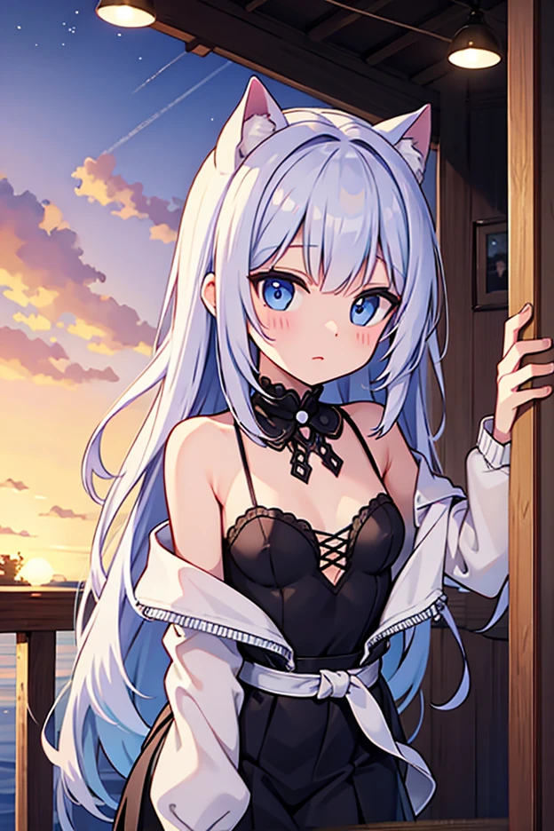 hyper detailed, perfect anatomy, extremely detailed and delicate, 1 girl, shimakaze(kancolle), 1 black cat, night sky, stars, milkyway, hugging a black cat,