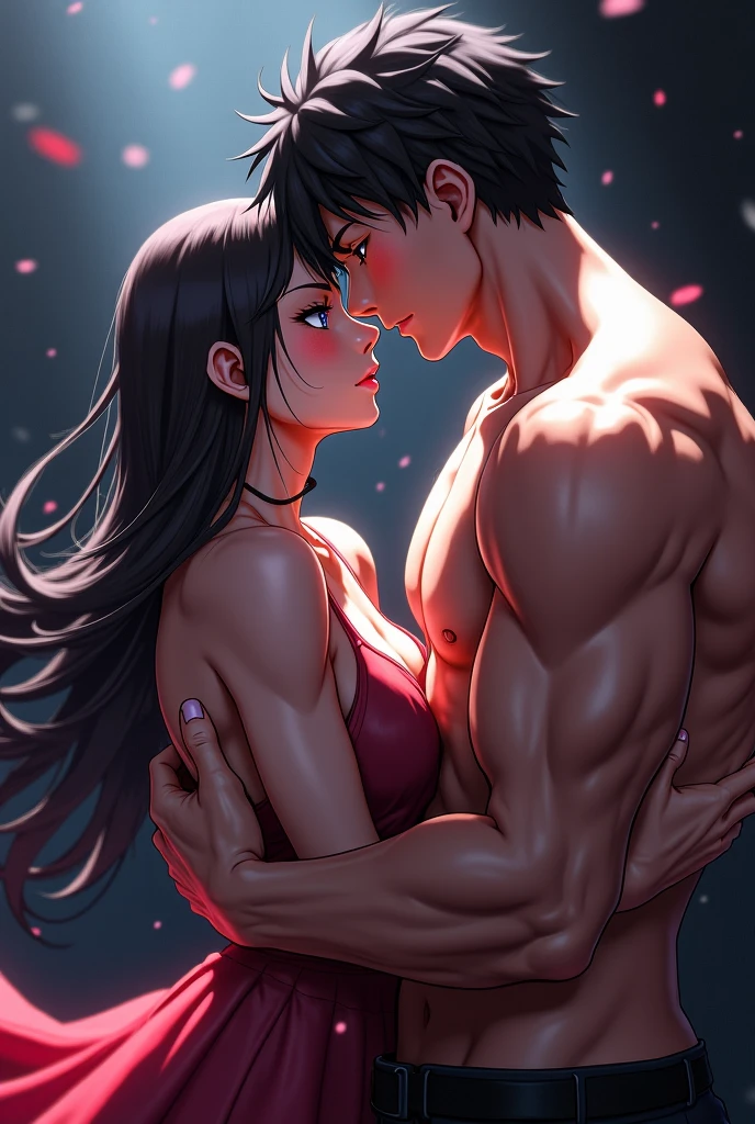 1girl, 1man, duo, a man with long red hair and green eyes and freckles getting force to mate with a girl with black hair, the man is muscular, girl sitting on man laps, girl leans on the man chest, girl arms over man shoulder, man grab girl waist, kissing, sweating alot, saliva, Drooling, blushed, shiny skin, aroused, the man is shirtless, man wearing red sweat pants, girl wearing green sport bra with sleeves, girl wearing black sweat pants, this scene is shoot at the gym, side view,