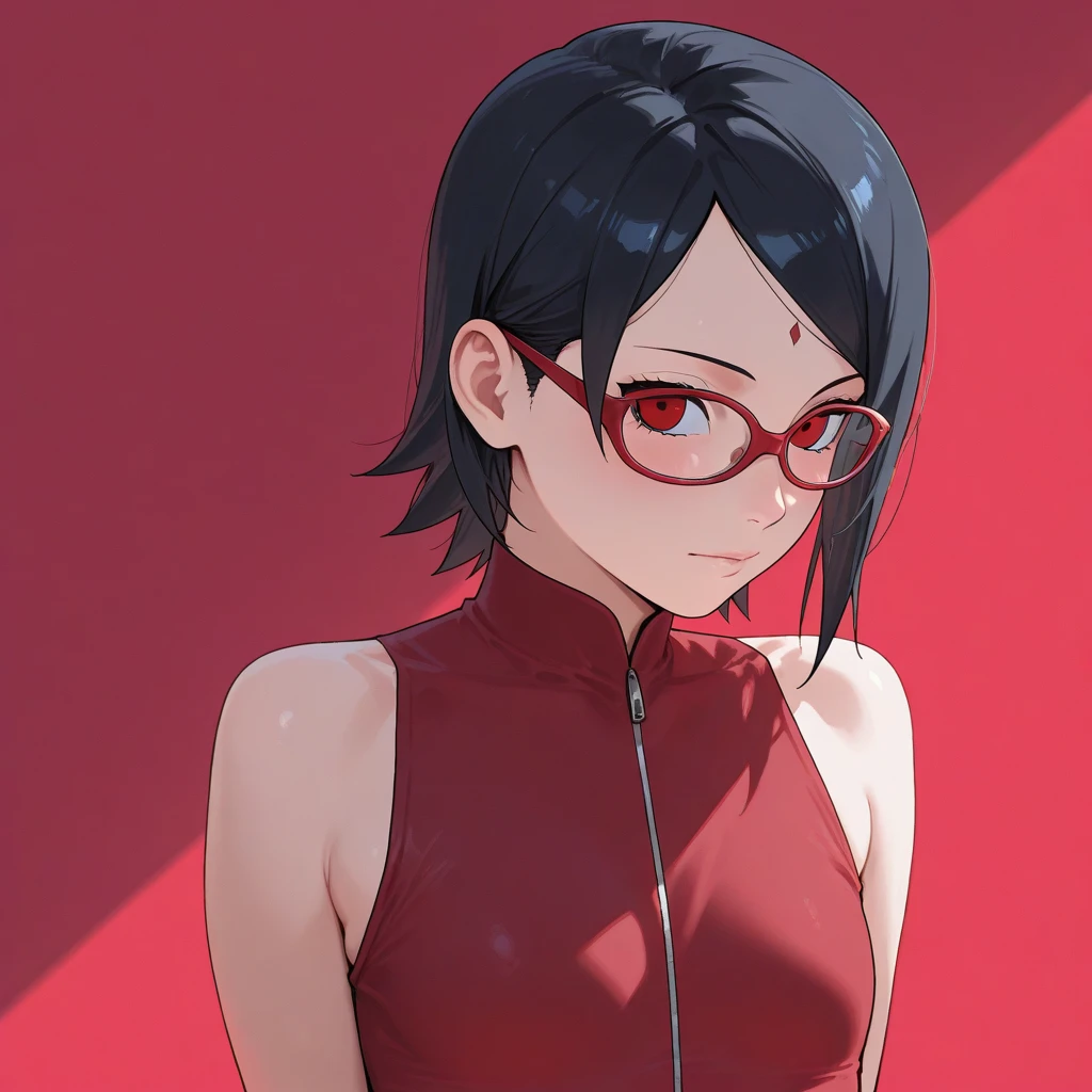 work of art, highest quallity, best qualityer, 1 young boy, 1 girl, standing alone, looking ahead at viewer, age difference,
Sarada Uchiha, bared shoulders, eyes black, Bblack hair, blush, red frame glasses, shorth hair, forehead protector, holding watermelon,