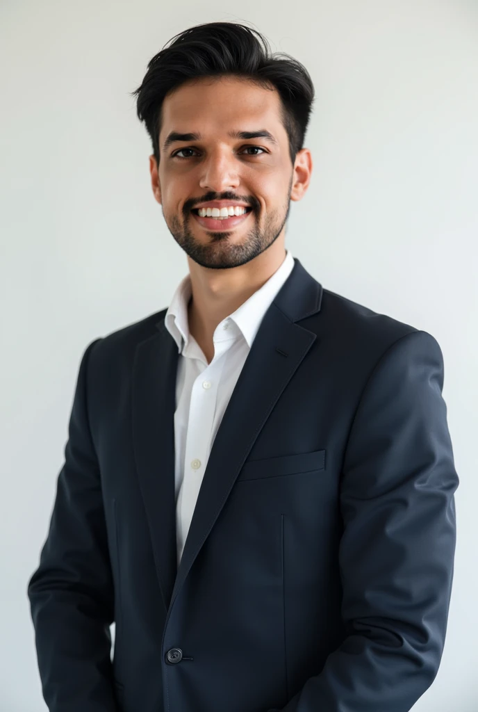 Create an ultra-realistic portrait of a realtor in a clean environment. The model must be wearing an elegant and well-fitting suit, with a neutral shirt, , transmitting seriousness and professionalism. The image must have soft lighting, A minimalist background (preferably white or with a slight gradient) and capture a confident and welcoming expression, suitable for resume, LinkedIn and professional site.