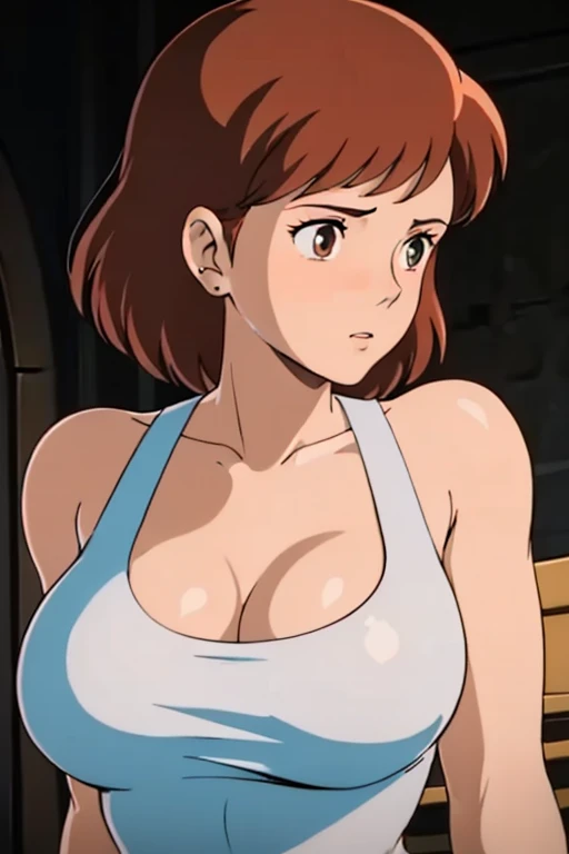 Browsing Caution,(masterpiece, Highest quality, High resolution, Anime screenshots, Anime Color, 8k, Realistic), Nausicaa, woman, mature woman, wife, alone, Brown Hair, (Looking at the audience), Huge breasts, Cleavage, (White tank top), Upper Body, forest, (Perfectly detailed anatomy, Beautiful and elaborate face&eye:1.5, Glowing Skin, Perfect body)、Erect nipples、I want to see up to my knees