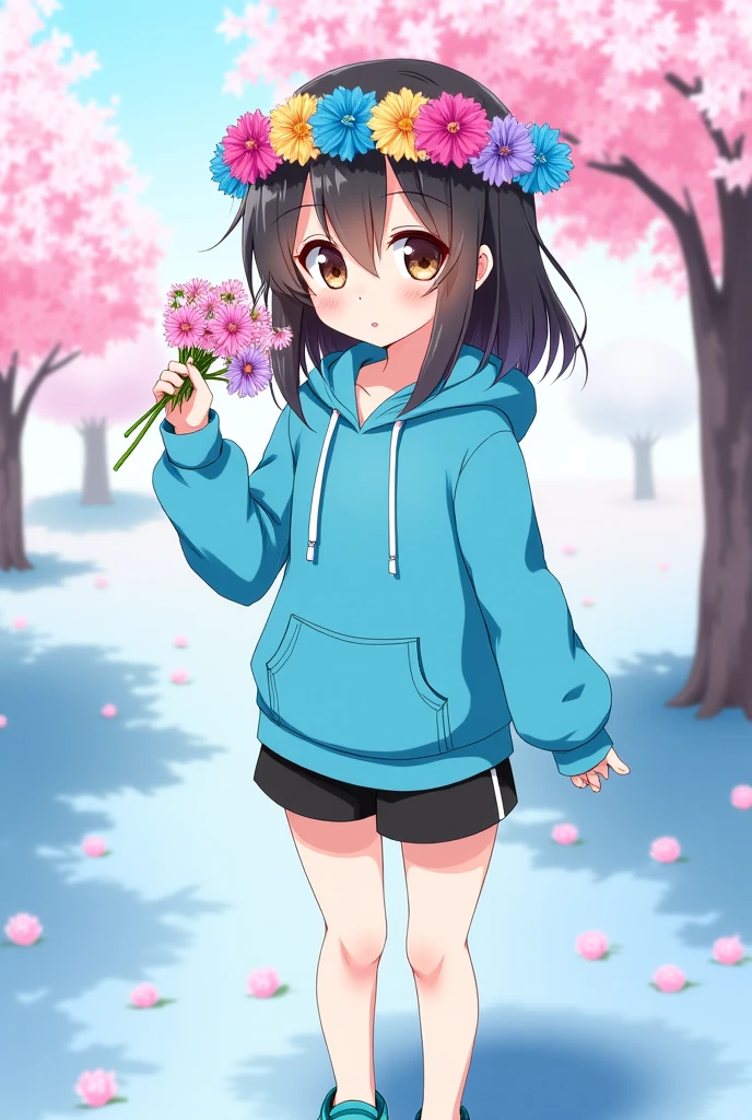 A anime girl with cyan hoodie, black and brown hair, she is holding ...