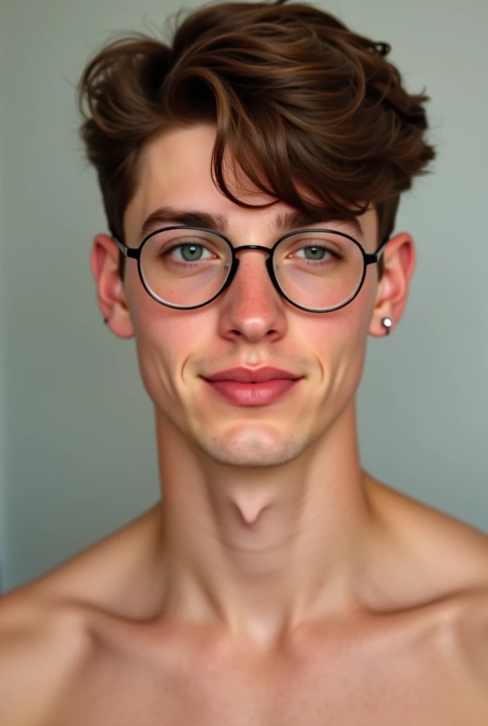 A portrait of a handsome redhead young man with short hair wearing glasses looking sternly at the camera, shirtless, (Best quality, 4k, Masterpiece :1.3), pink nipples, pale skin, lean, closeup, symmetrical eyes, facial hair, skinny, headshot, messy hair