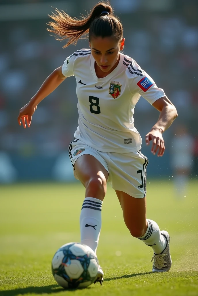 A very beautiful woman dribbling, France national team uniform, whole body