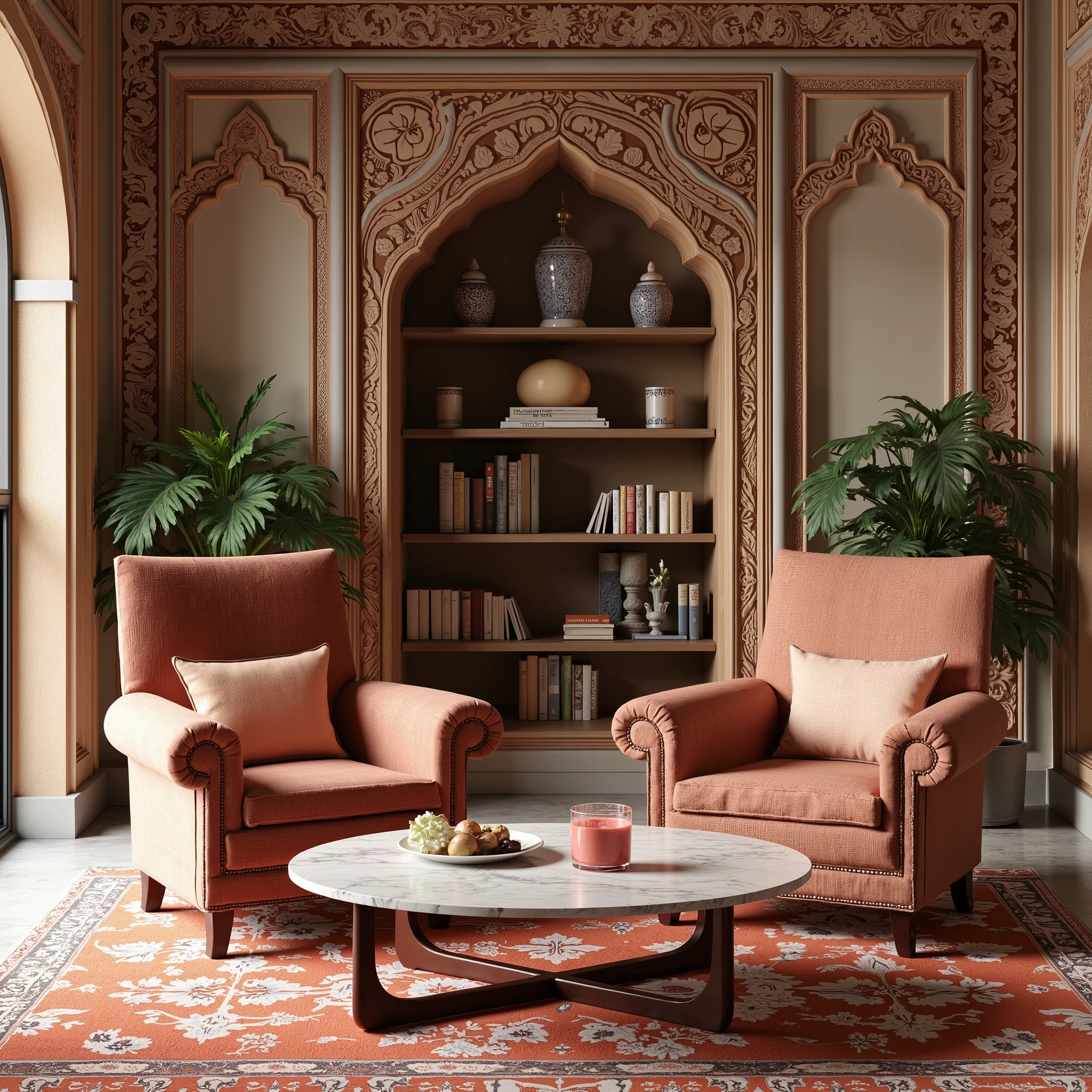 Sindh Region , and we can see wood carving in the architecture in the spaces. With this information I have given you, you can create an interior image for me I want. It is a region that was home to the oldest civilizations in the world. Ottoman and Timurid architecture, geometric patterns , Tile decorations, Sindh tiles, and let's see WOOD CARVING in the architecture of spaces. In this area it is possible to see Muslim Indian Persian and Turkish architectural influences. This interior will be a living room , The Indus Valley Civilization is one of the most well-known ancient civilizations in this region {x} let the items and fittings in the hall be inspired by the architectural style of the Sindh region. Let it not be a chaotic mess. Double berjer in the space , orta sehpa, bitki, , library, and various accessories. Pink milk tea in a glass cup above the coffee table. Let the focus be on the berjer and the table. Create a detailed design.