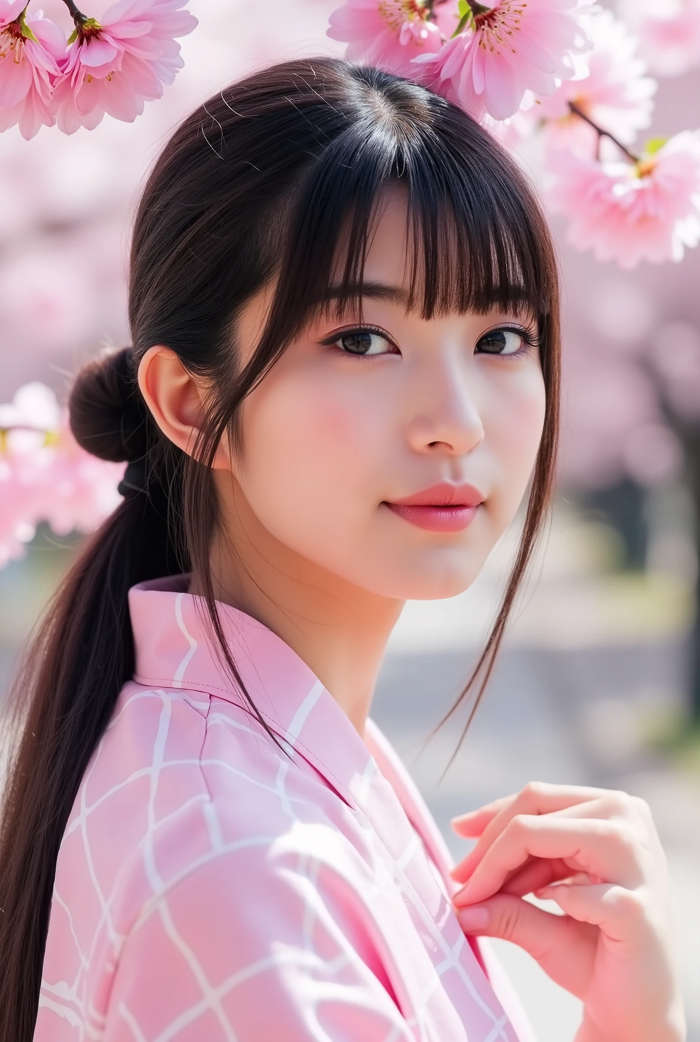 Create a photo collection featuring a Japanese idol girl with fair skin. She has long, straight black hair styled in a ponytail with bangs. Dress her in cute, feminine clothing while she enjoys hanami (cherry blossom viewing) at a famous sakura spot. The shots should capture her full body, highlighting her elegance and charm amidst the beautiful cherry blossoms.