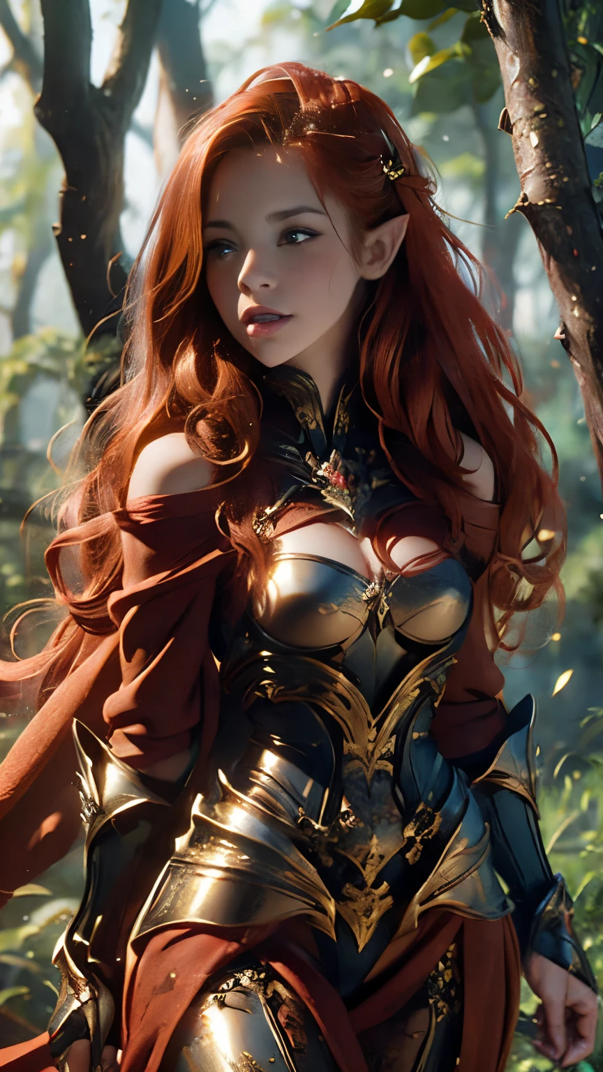 Fantasy, medieval, ((best quality)), ((masterpiece)), (detailed), perfect face, perfect body, hot woman, young, beautiful sexy elf, walking, full body, redhead, long hair, messy hair, big eyes, heavy black eyeliner, freckles, cameltoe, outdoors, gloomy forest, wearing armor, perfect breasts, masturbating, fingering, rubbing clitoris, hairpin pussy, wet pussy, squirt, squirting, nymphomaniac