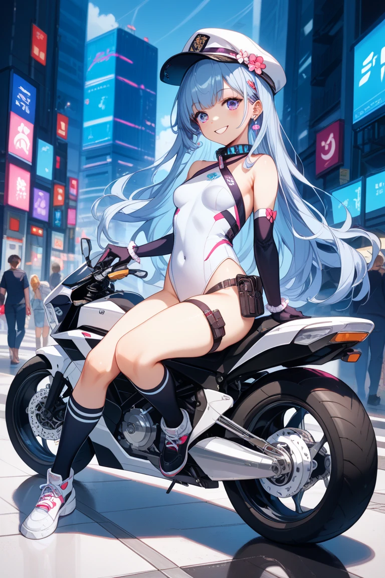 ((masterpiece,Highest quality:1.3)),cowboy shot,1woman,30 year old beauty、Investigator、独奏,(very small head:1.3),green hair,(low ponytail),long hair,blunt bangs,green eyes,gorgeous eyes,medium breasts,(very long body:1.2),(toned body,slender body,skinny),gleaming skin,shiny skin,oily skin,Yellow tube top bra、navel、Yellow micro shorts、(Drive a futuristic motorcycle、Sit on the seat:1.5)、White athletic shoes、Sprint、on road,Metropolis,neon、World of Blade Runner、