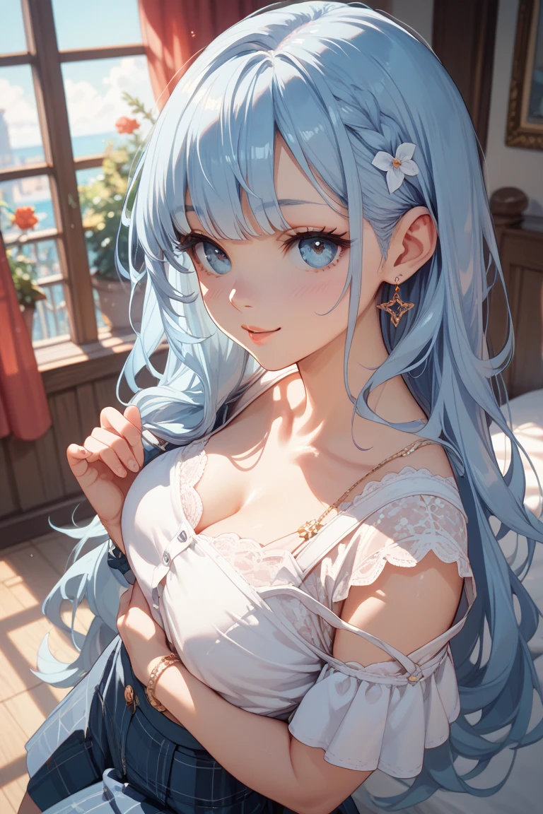 Character Details:, - Gender: 1 Girl.
- Style: Anime, - Body Type: Attractive body, slim body, nice legs, slim tights, nice arms, nice shoulders. - Breast: ((Small Breast:1,5)), Cleavage.
- Facial Feature: Beautiful, Gorgeous, ager, Fresh, Young.
- Expression: Shy, Smile, Horny, Pink Blush on Face, Sexy Eyes, Sexy Look, Sweating, Innocent Look, Tipsy. - Hairstyle: Blunt Bangs, Long Hair. - Hair Color: Light Blue Hair.
- Clothing: ((Office White Shirt:1.4)), (Black Bra:1.2) ,((Office Skirt:1.4)), (off-shoulder:1.6), (Stocking:1.4). - Body Pose: (Kneeling front of camera), (Two hands Pray). - Behaviour: Waiting, Want Something, Secretly.
- Accessories: Earrings., Environmental Details:, - Setting: Office Room., - Lighting: Natural Light., - Decoration: Modern Office Desk, Chair, Window, White Curtain, City View. Top view. pov, anime style, UHD, retina, masterpiece, accurate, anatomically correct, textured.